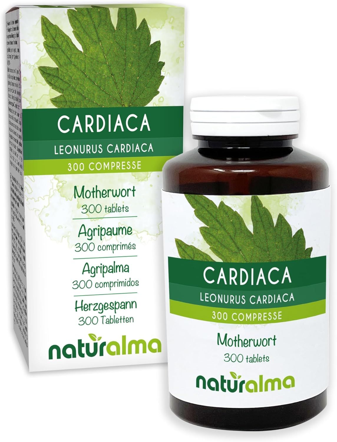 Produktverpackung und Flasche. Text: Cardica, Leonurus cardiaca, 300 Tabletten. Naturalma Logo.