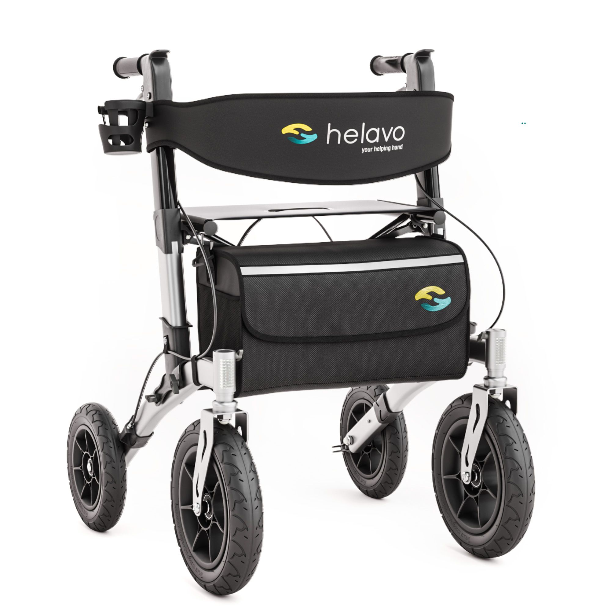 Helavo Outdoor Rollator mit pannensicheren Vollgummireifen faltbar mit Sitz