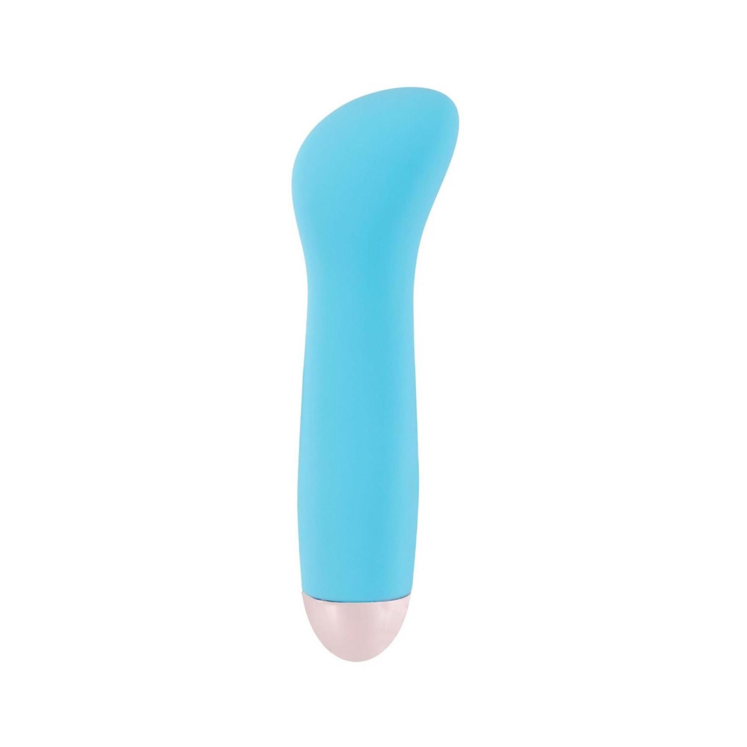 Türkisfarbener Vibrator mit rosa Spitze. Ergonomisches Design.