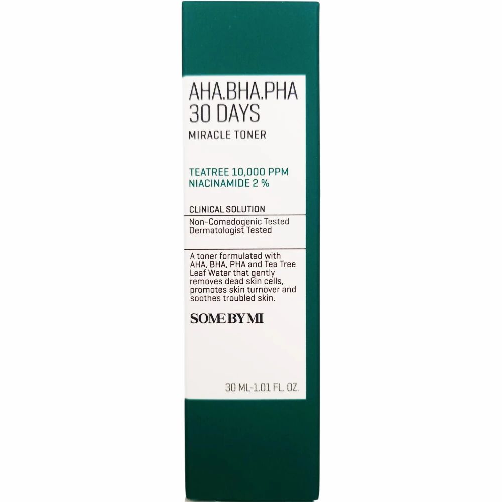 Grüne Verpackung mit weißer Schrift. Text: AHA.BHA.PHA 30 DAYS MIRACLE TONER. Text über Inhaltsstoffe.