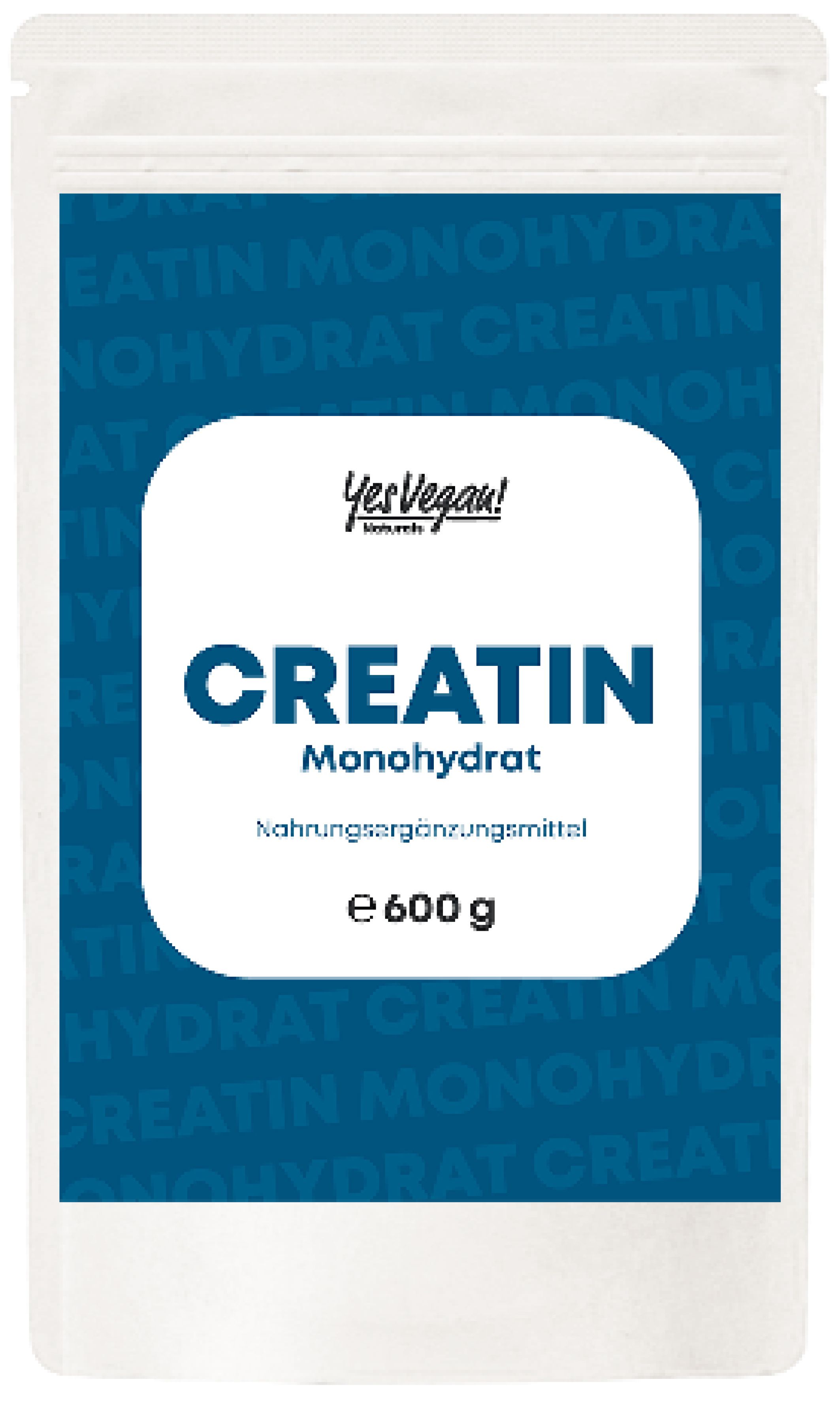 Beutel mit blauem Hintergrund und weißem Etikett. Aufschrift: CREATIN Monohydrat, e 600 g. Marke: Yes Vegan!