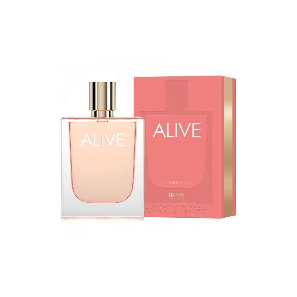 Parfümflakon und Verpackung. Flakon mit Aufschrift "ALIVE". Verpackung in Rosa mit "ALIVE" und "BOSS".