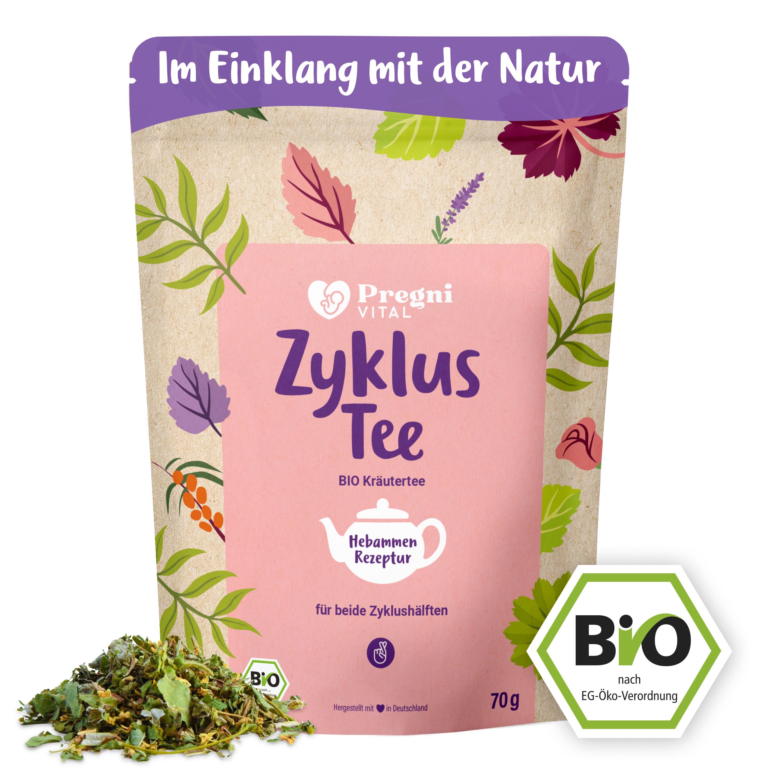 BIO Zyklustee Kräutertee Beutel mit Pflanzenmotiven und BIO-Siegel.