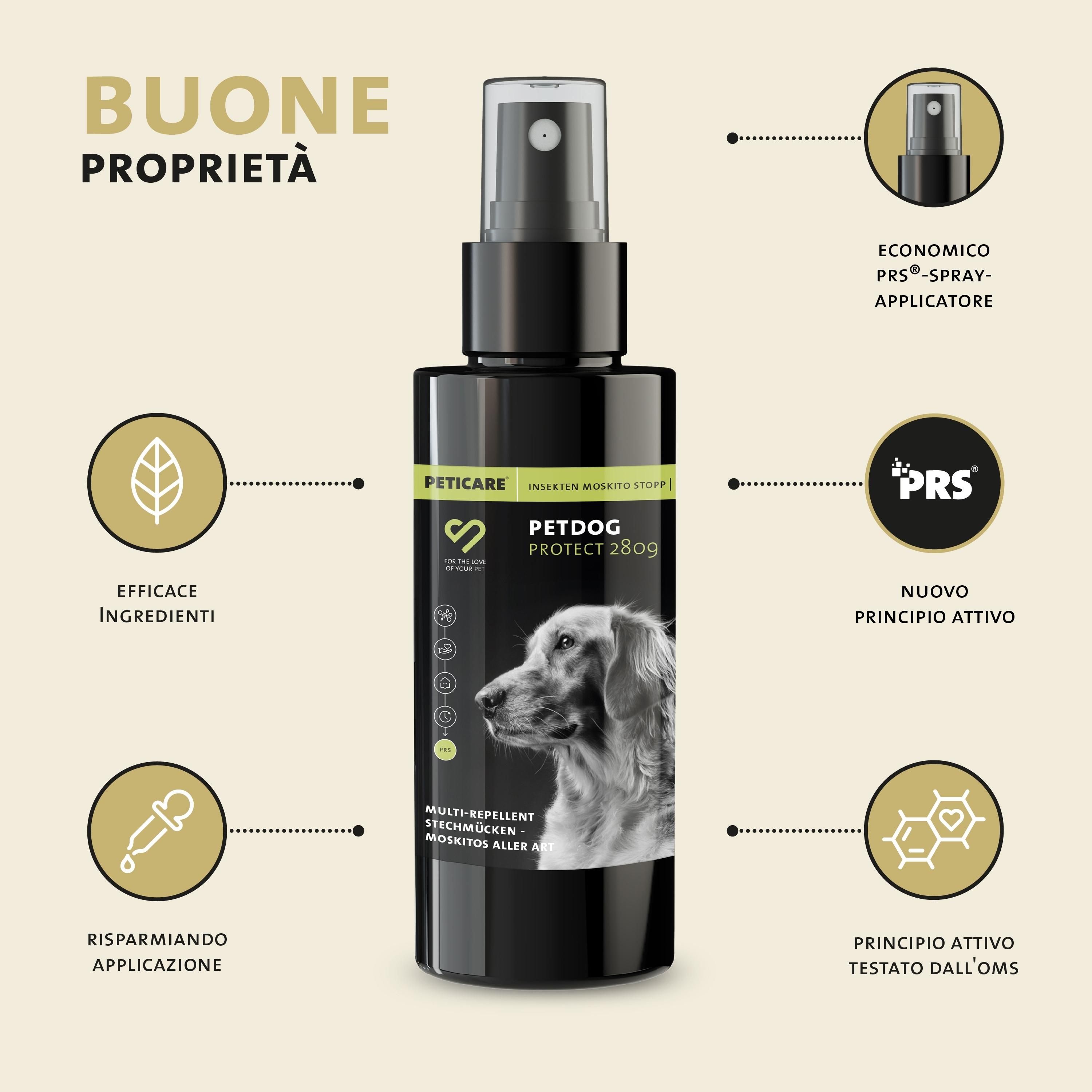 Peticare Anti-Insekten Spray für Hunde. Schwarze Flasche mit Sprühkopf. Produktinformationen und Logos.