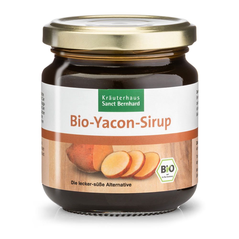 Glas mit braunem Sirup, goldfarbenem Deckel und Etikett. Bio-Yacon-Sirup. Abbildung von Yacon-Knollen. Bio-Siegel.