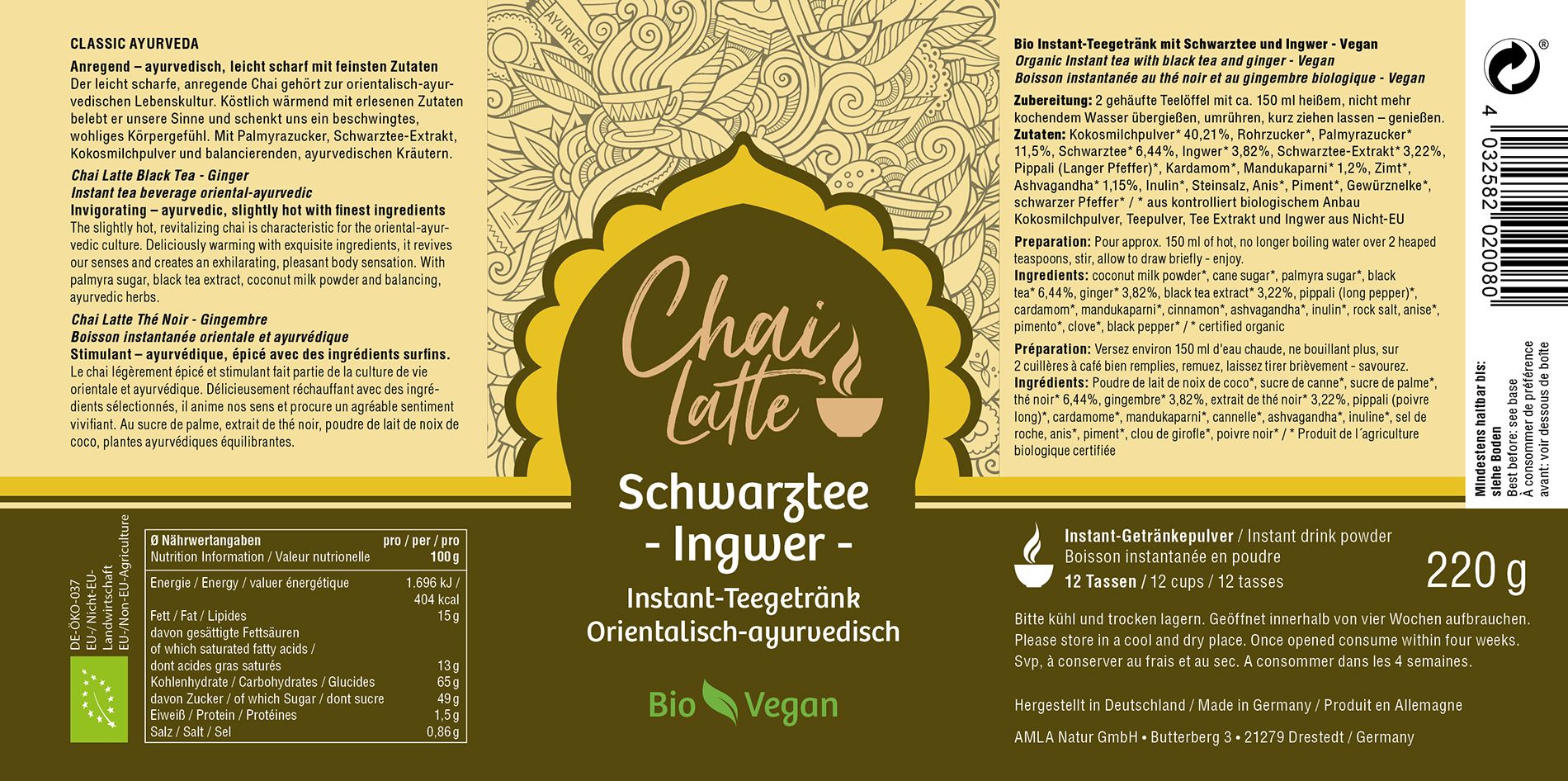 Etikett mit Produktinformationen: Chai Latte Schwarztee - Ingwer. Vegan-Siegel. Nährwertangaben und Zutatenliste.