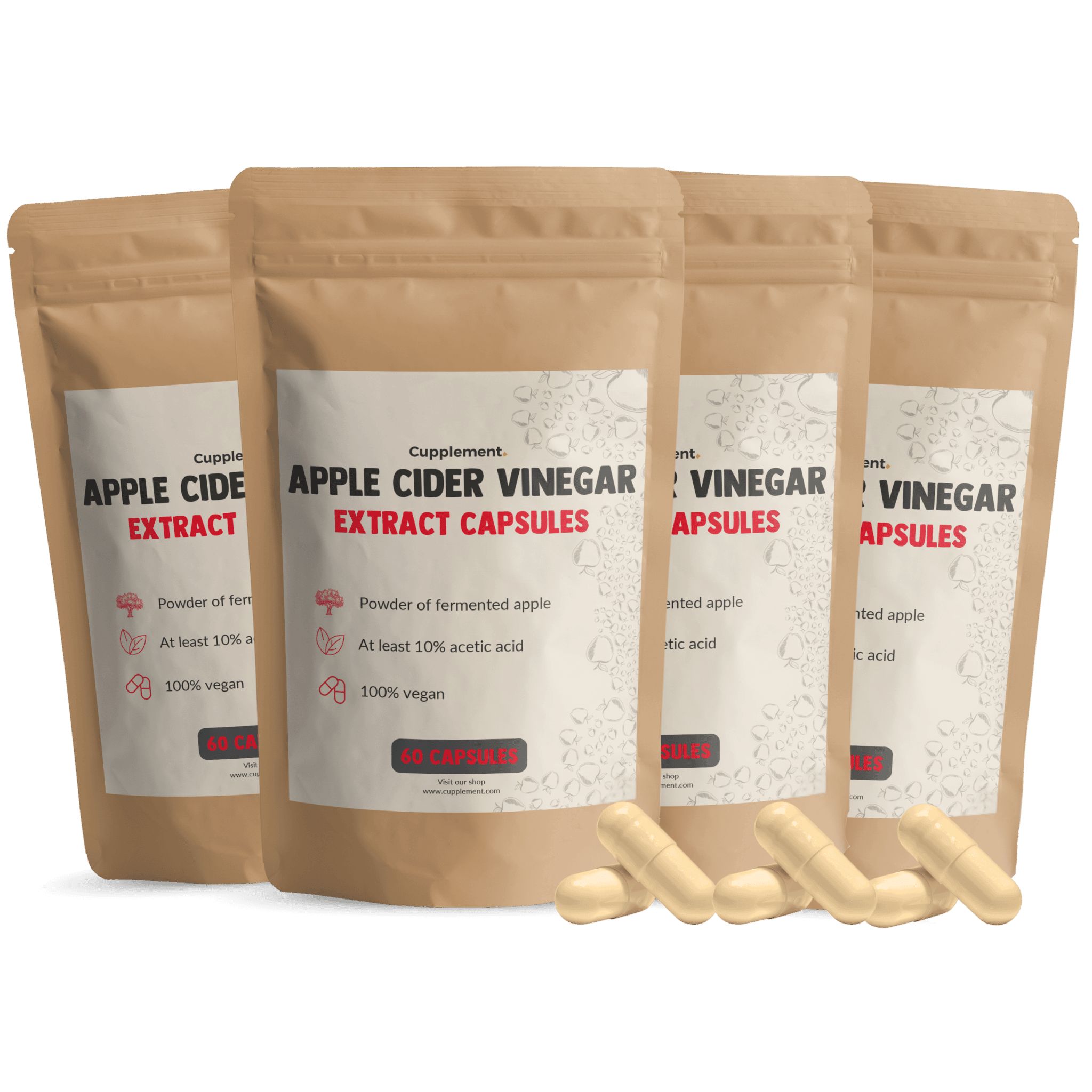 Mehrfachpackung Cupplement® Apfelessig Kapseln. Vier Beutel mit Kapseln und lose Kapseln.