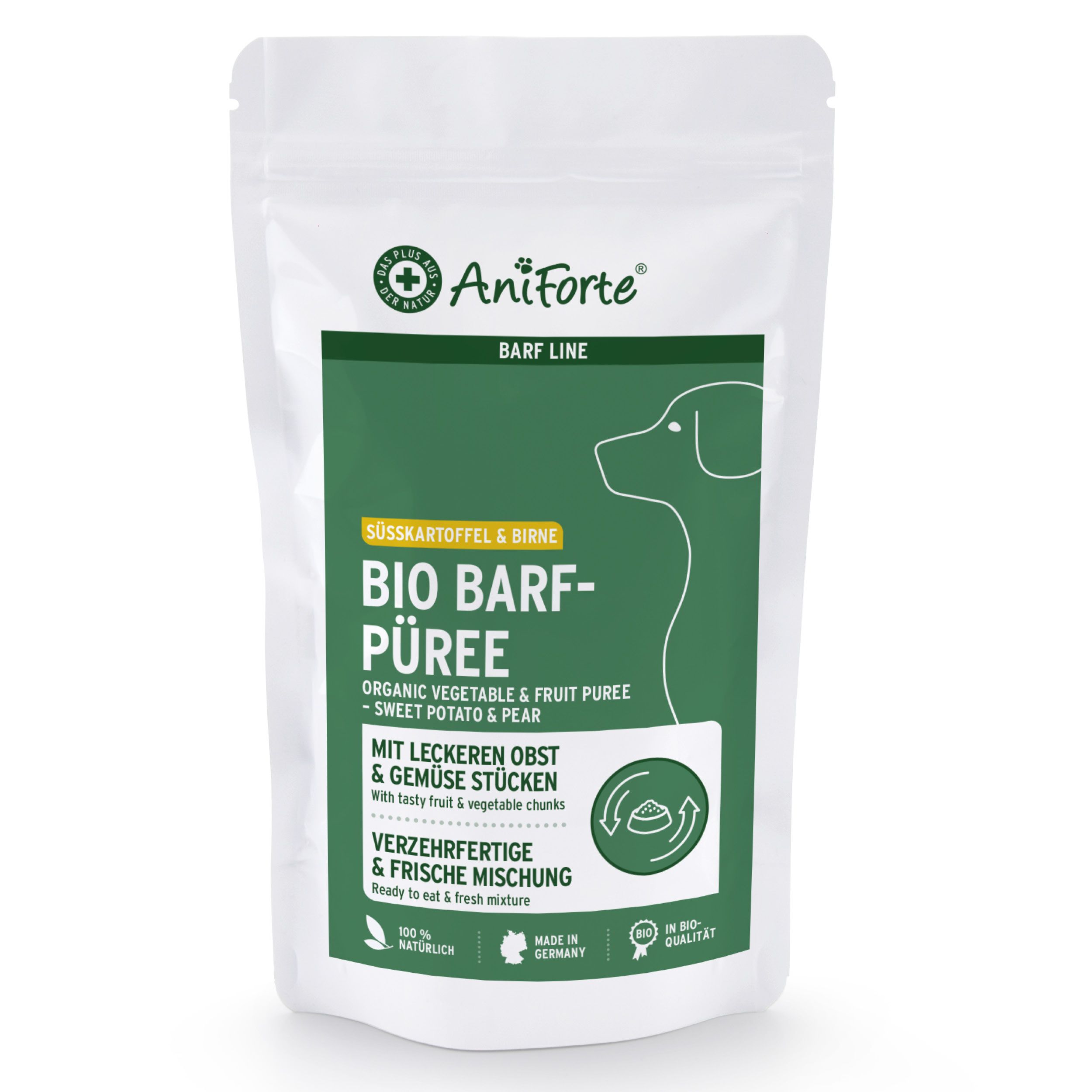 Weiße Tüte mit grünem Etikett. Aufschrift: BIO BARF-Püree, Süßkartoffel & Birne. Logo: Hundekontur. Text: Verzehrfertig & frische Mischung.