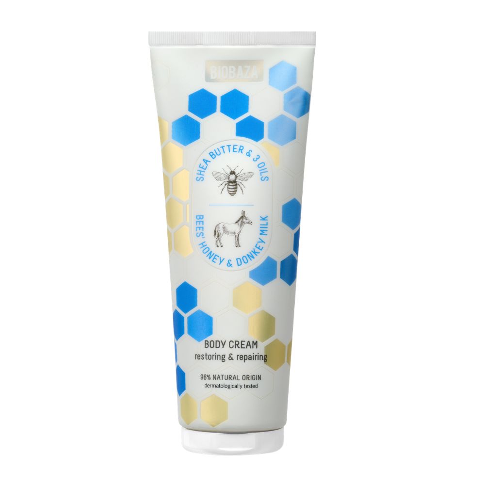 Biobaza Body Cream Tube mit Bienenwabenmuster. Enthält Shea Butter & 3 Öle, Honig & Eselsmilch. 99% natürlichen Ursprungs.