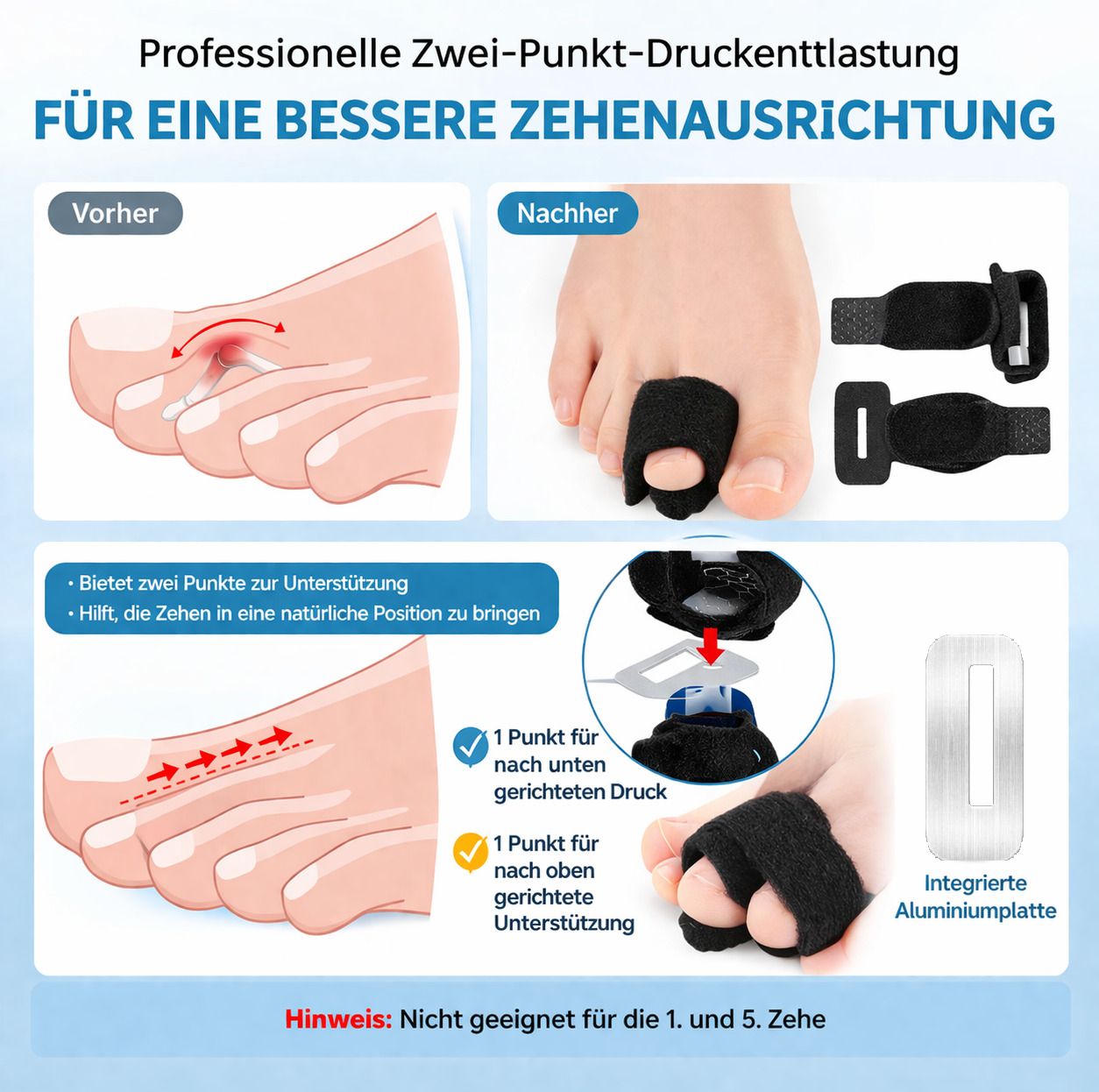 Zehenschiene mit Aluminiumstütze, verstellbare Zehenbandage, rutschhemmend & atmungsaktiv