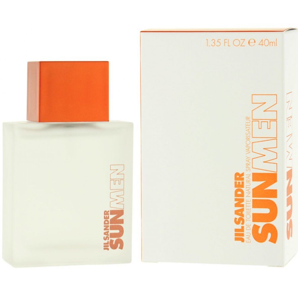 Flakon und Verpackung. Flakon rechteckig, Verschluss orange. Verpackung weiß mit SUN MEN-Schriftzug. Jil Sander-Logo.