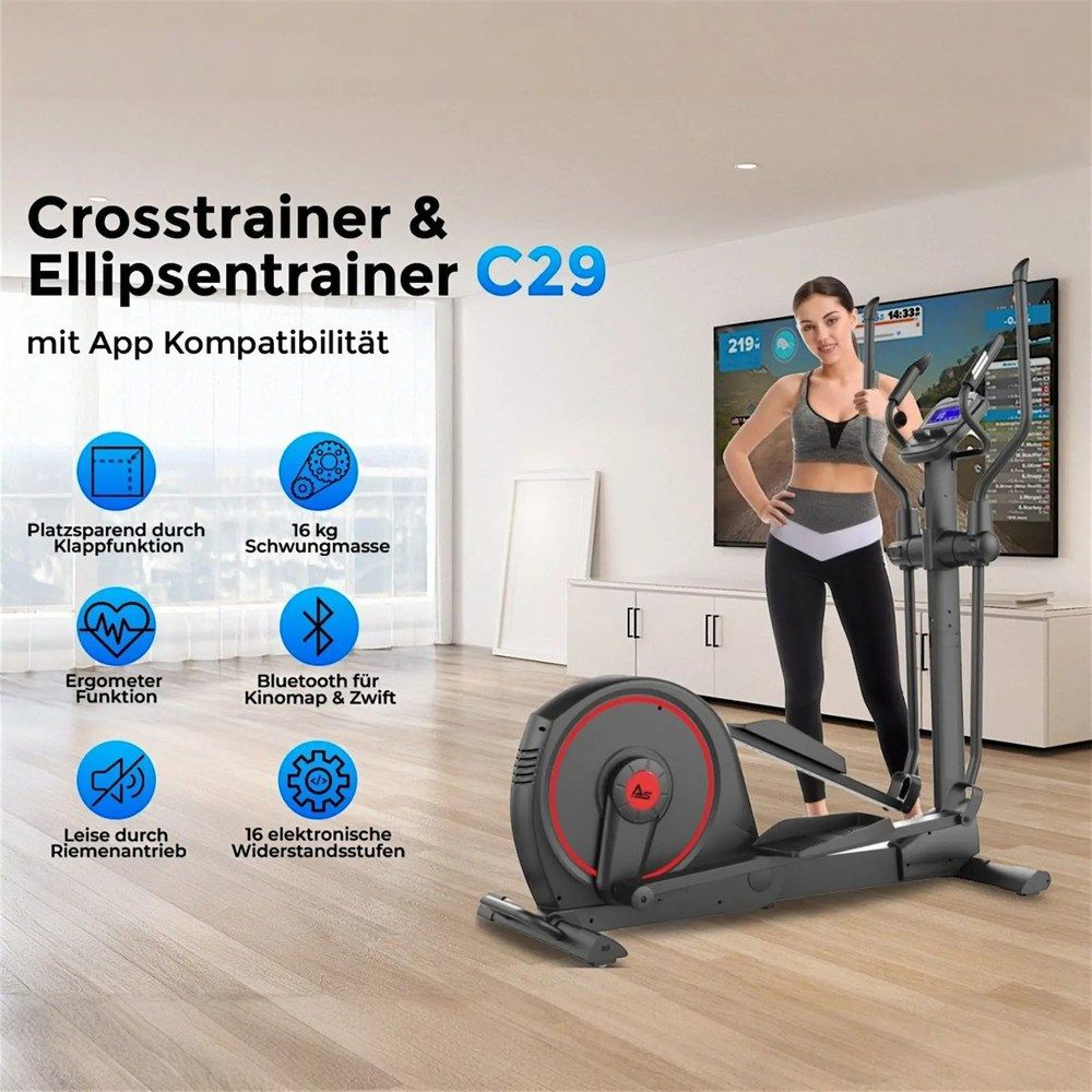 AsVIVA Crosstrainer C29 Pro mit Frau im Hintergrund, der ein großes Display zeigt.