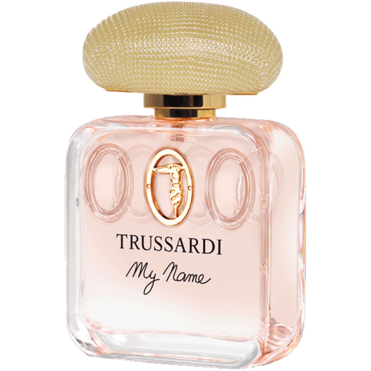 Quadratischer Glasflakon mit goldfarbenem Verschluss. Aufschrift: Trussardi My Name. Rosa Flüssigkeit sichtbar.