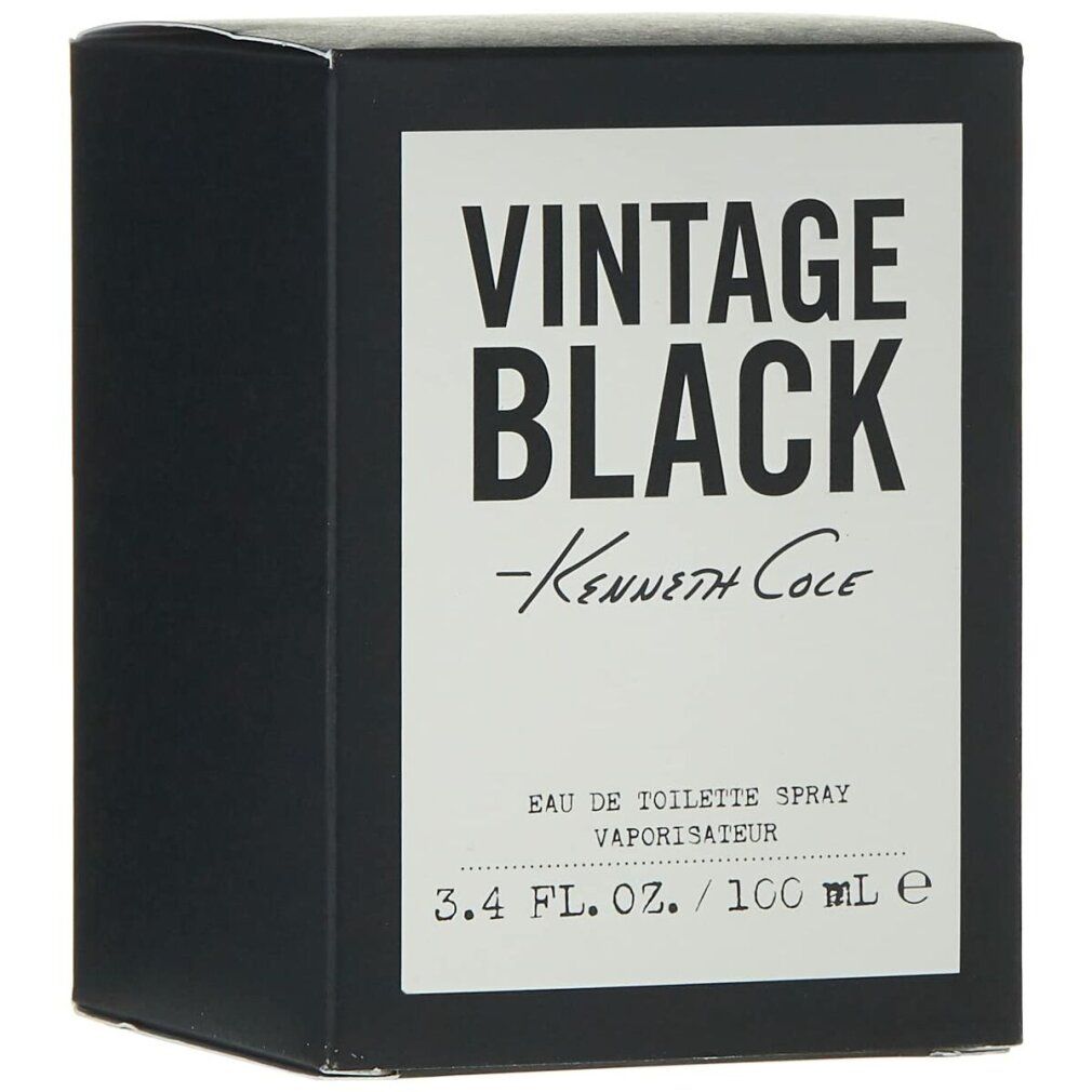 Schwarzer Karton mit weißem Etikett. Aufschrift: VINTAGE BLACK -Kenneth Cole-. Eau de Toilette Spray. 3.4 FL. OZ. / 100 ml.