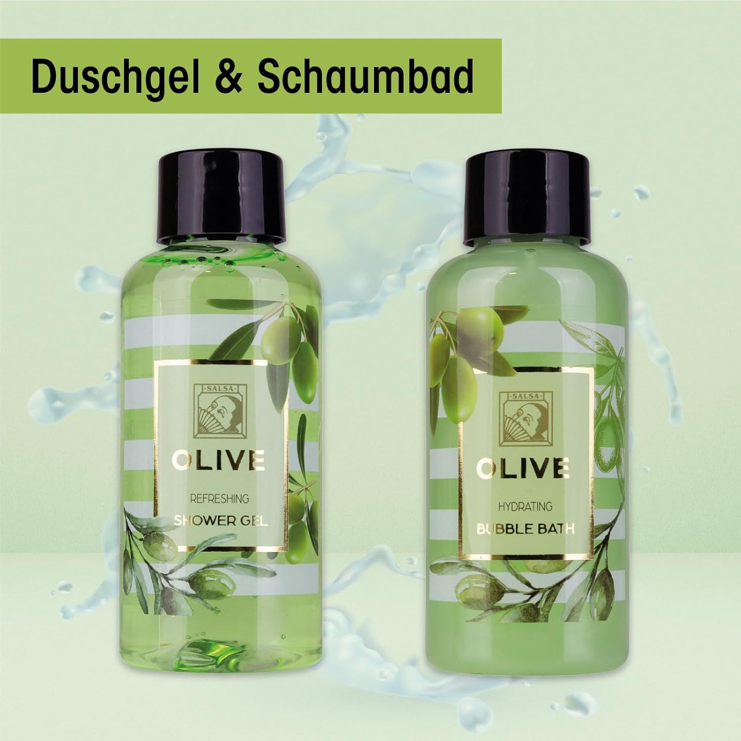 Zwei Flaschen Duschgel und Schaumbad mit Oliven-Motiv. Schwarze Deckel, grüne Flüssigkeit. Aufschrift 'OLIVE'.