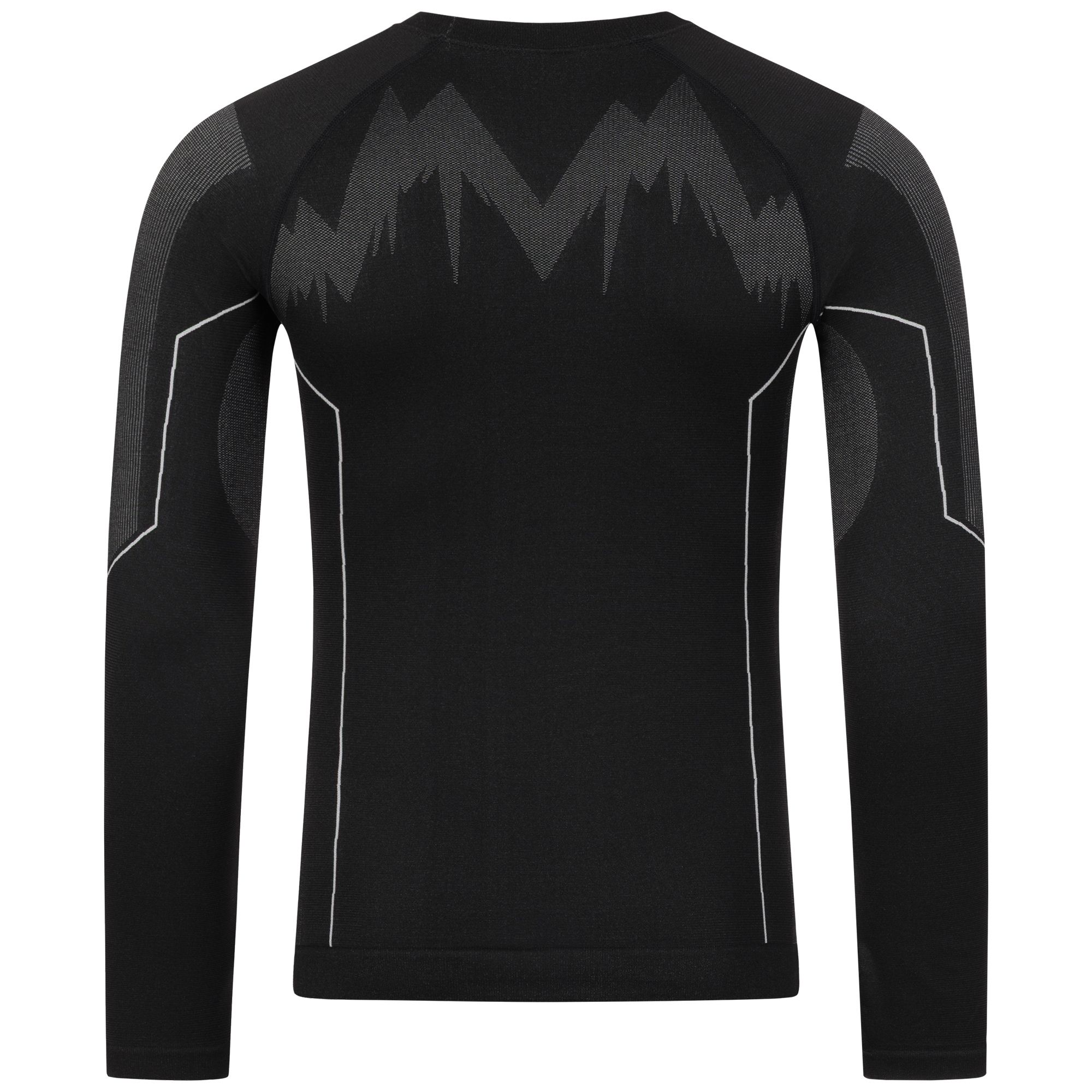 Rückseite eines schwarzen Herren-Langarmshirts mit Bergmotiv-Akzenten.