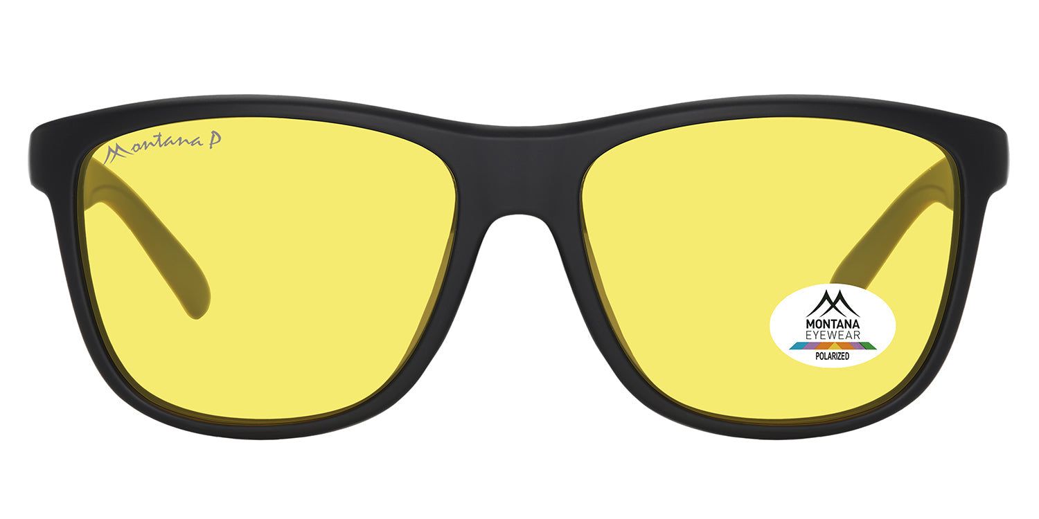 Schwarze Sonnenbrille mit gelben Gläsern. Montana Eyewear Logo und Polarisations-Aufkleber. Rechteckige Form.