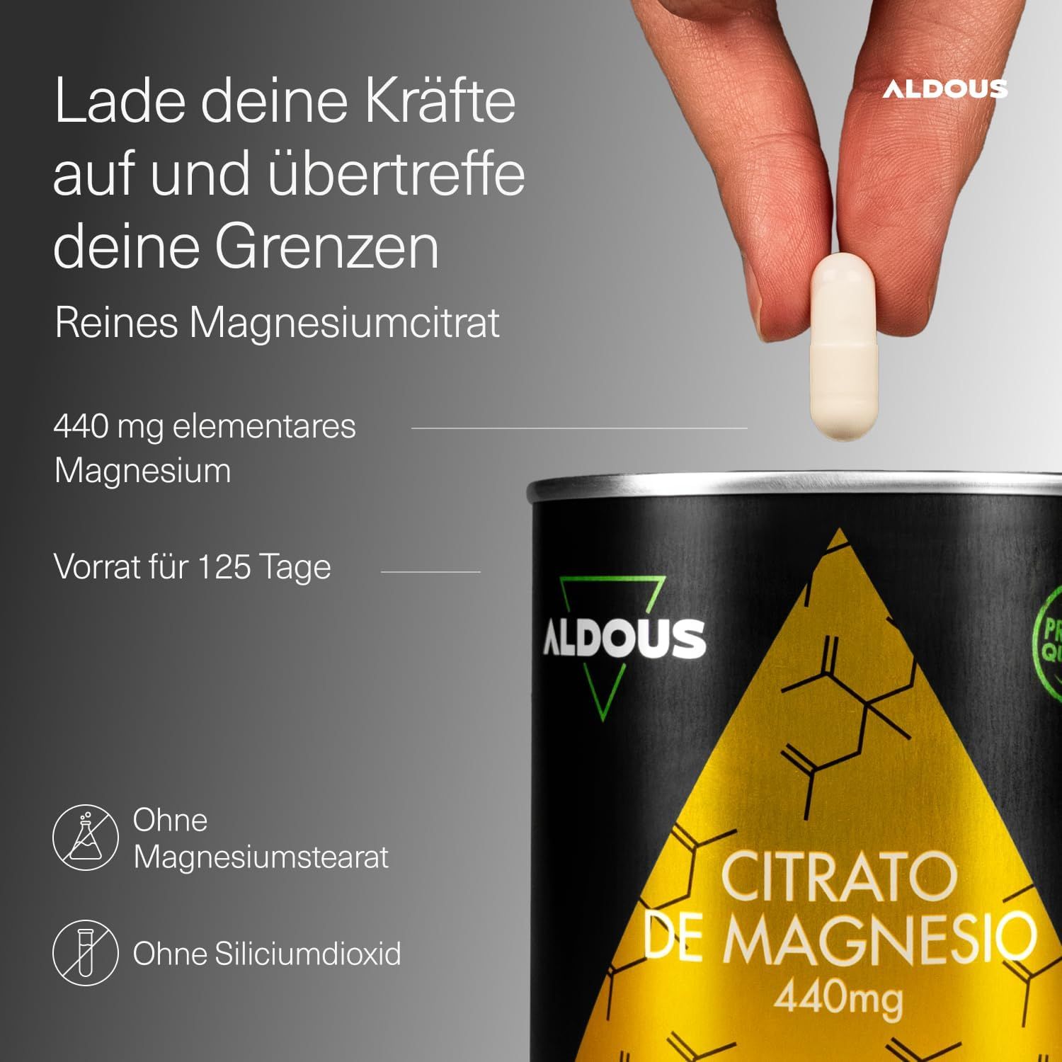 Aldous Magnesiumcitrat: 440 mg elementares Magnesium pro Kapsel, Vorrat für 125 Tage.