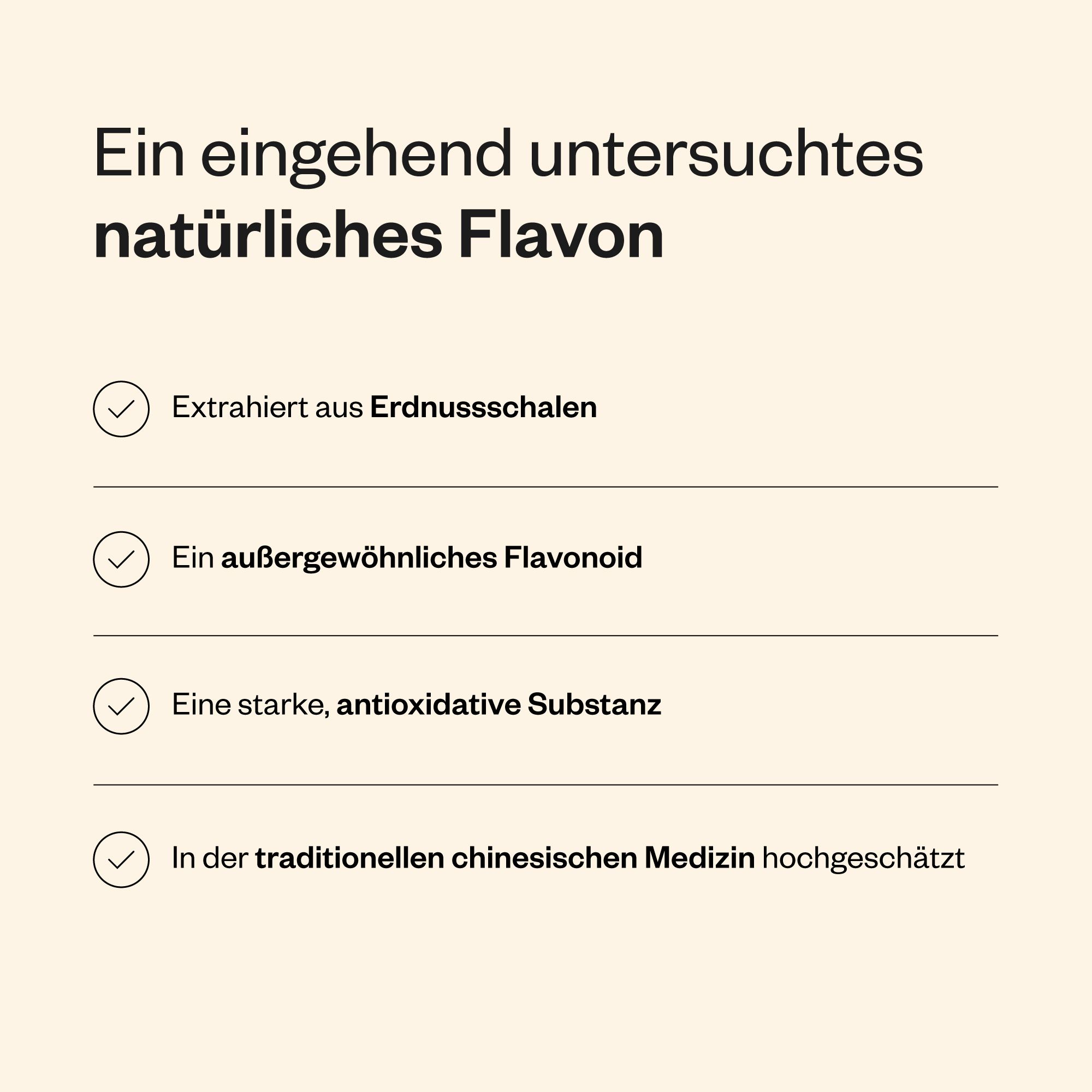 Text mit Aufzählungspunkten. Beschreibt Luteolin als Flavonoid, extrahiert aus Erdnussschalen, mit antioxidativen Eigenschaften.