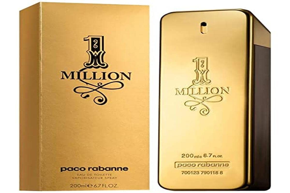 Goldfarbene rechteckige Flasche und Verpackung. Aufschrift "1 MILLION" und "paco rabanne". Flasche: 200ml.