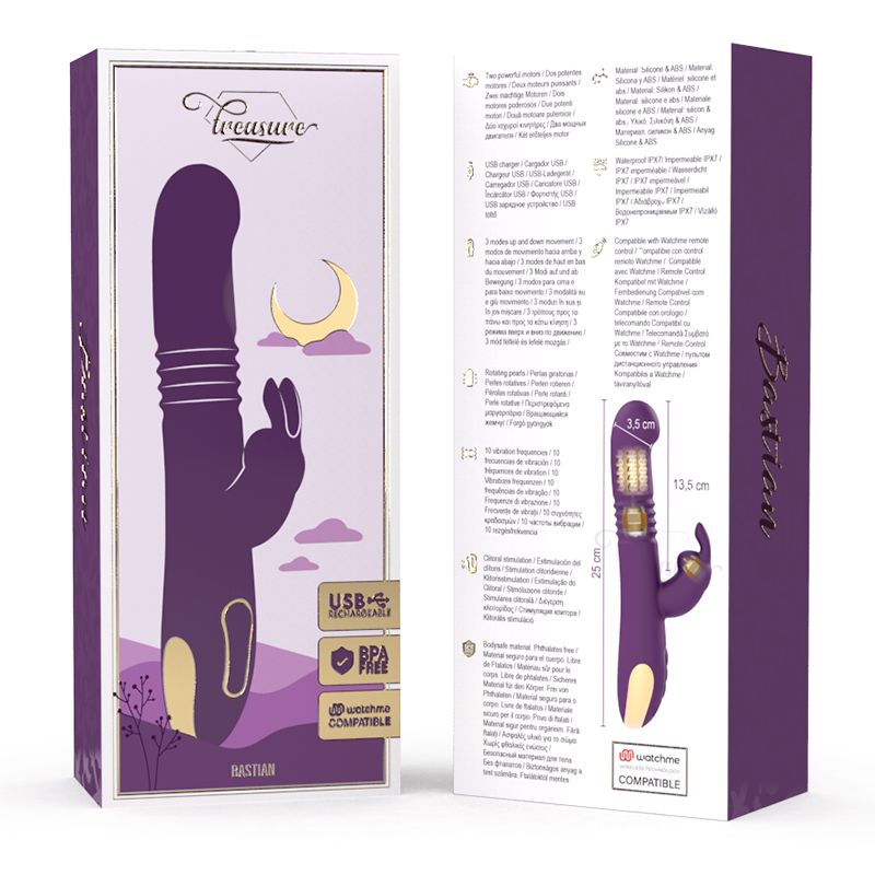 Verpackung mit lila Vibrator-Illustration. Text: "Treasure", "USB Compatible", "Watchme Compatible". Produktabbildung.