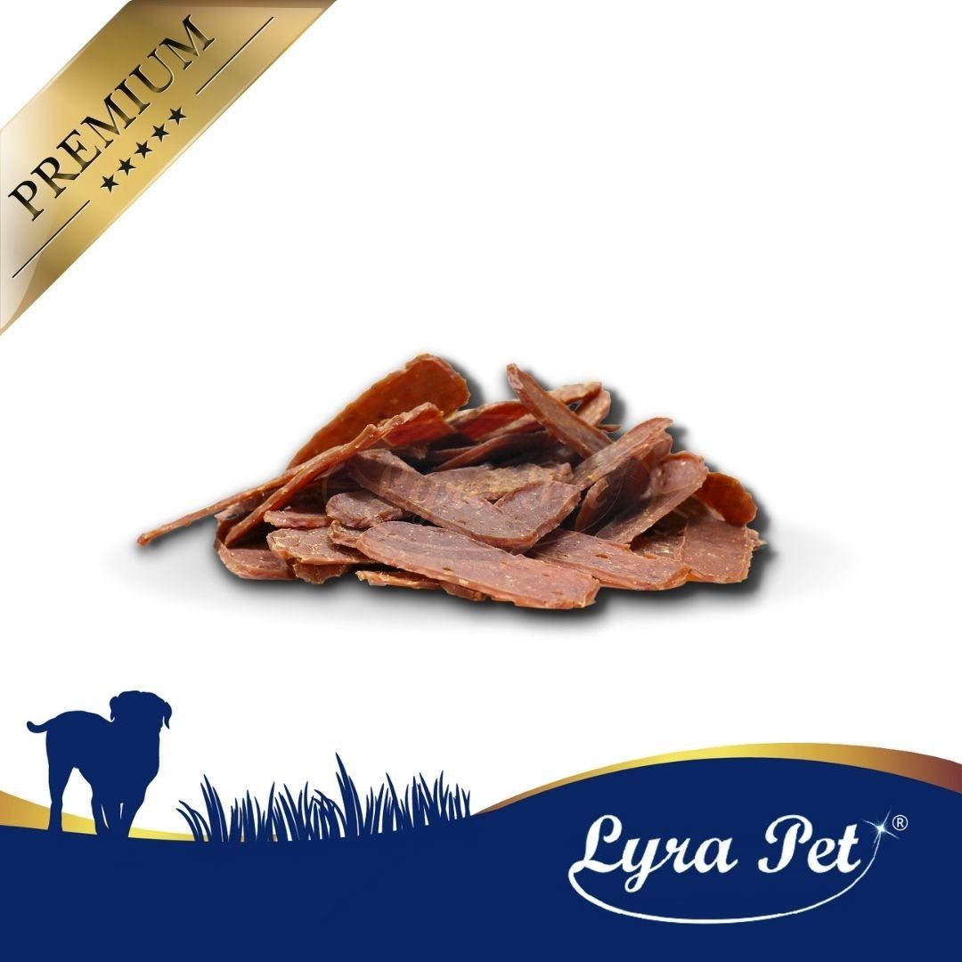 Haufen Entenmedaillons auf weißem Hintergrund. Lyra Pet Logo unten rechts. Premium-Label oben links.