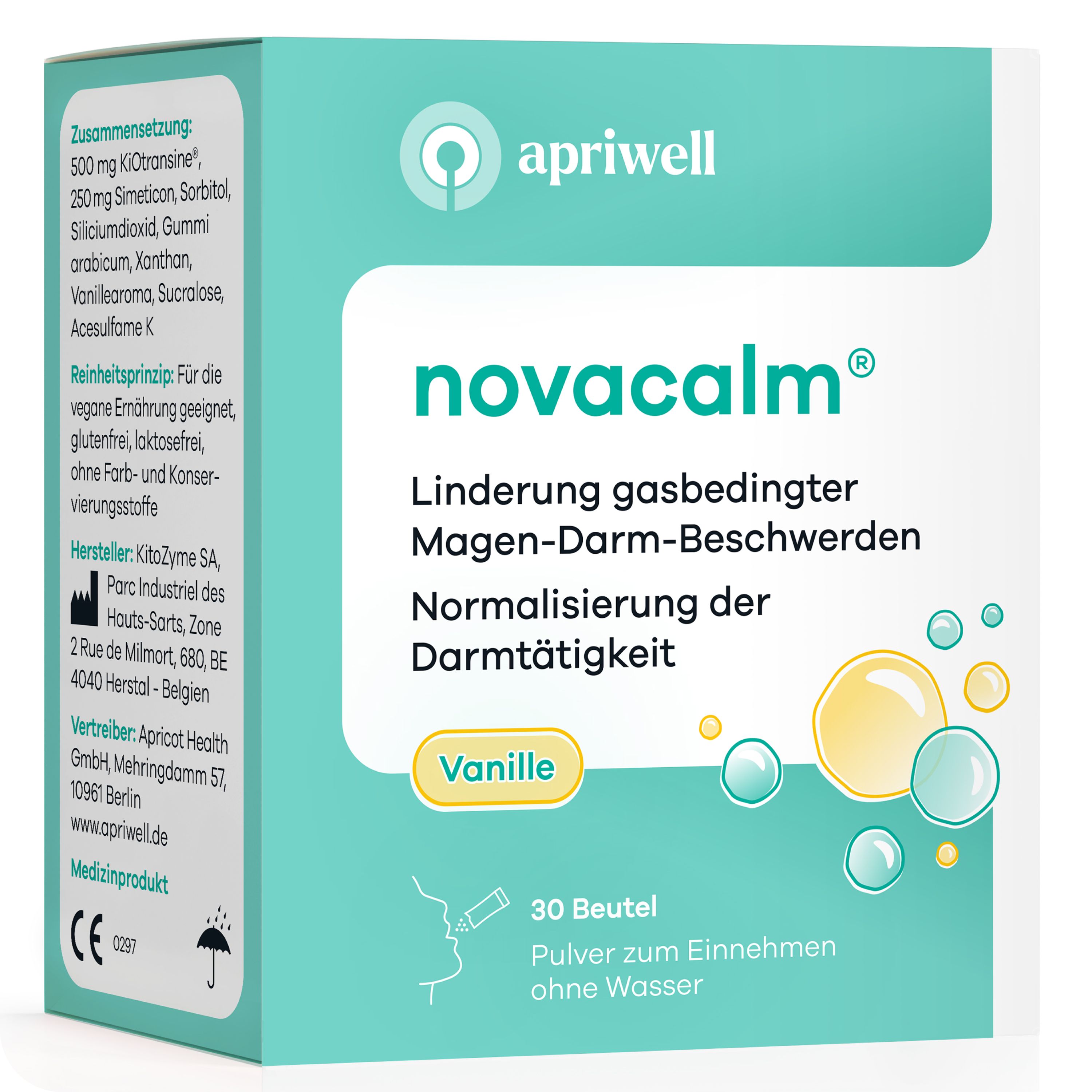 Karton von Apriwell Novacalm. Text: Linderung gasbedingter Magen-Darm-Beschwerden, Normalisierung der Darmtätigkeit. 30 Beutel. Vanille.