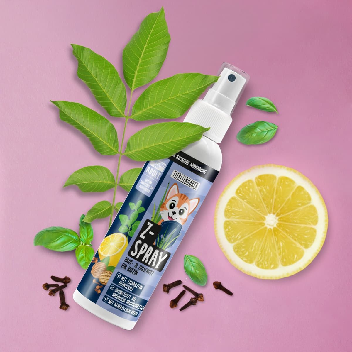 Tierliebhaber Z-Spray Katze: Sprühflasche mit Zitrone, Kräutern und Gewürznelken.