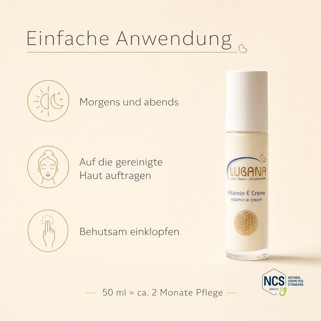 Anwendungshinweise für Lubana Vitamin E Creme mit Flasche.
