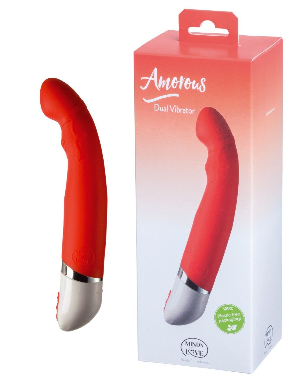 Roter Vibrator und Verpackung. Aufschrift "Amorous Dual Vibrator". Logo "MINDS of LOVE".