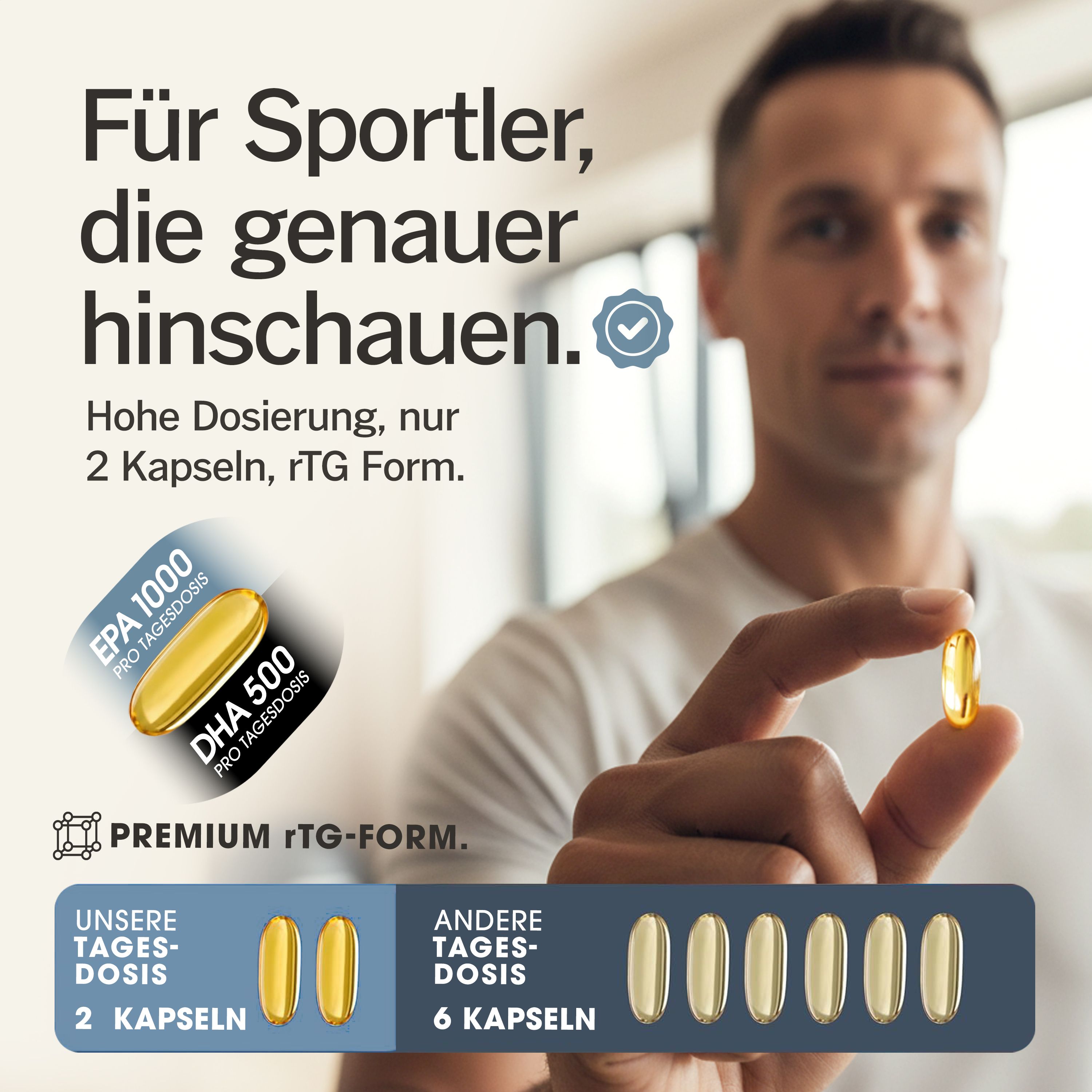 Mann hält eine Kapsel. Daneben EPA 1000, DHA 500. Text: Premium rTG-Form. 2 Kapseln Tagesdosis. 6 Kapseln andere Tagesdosis.