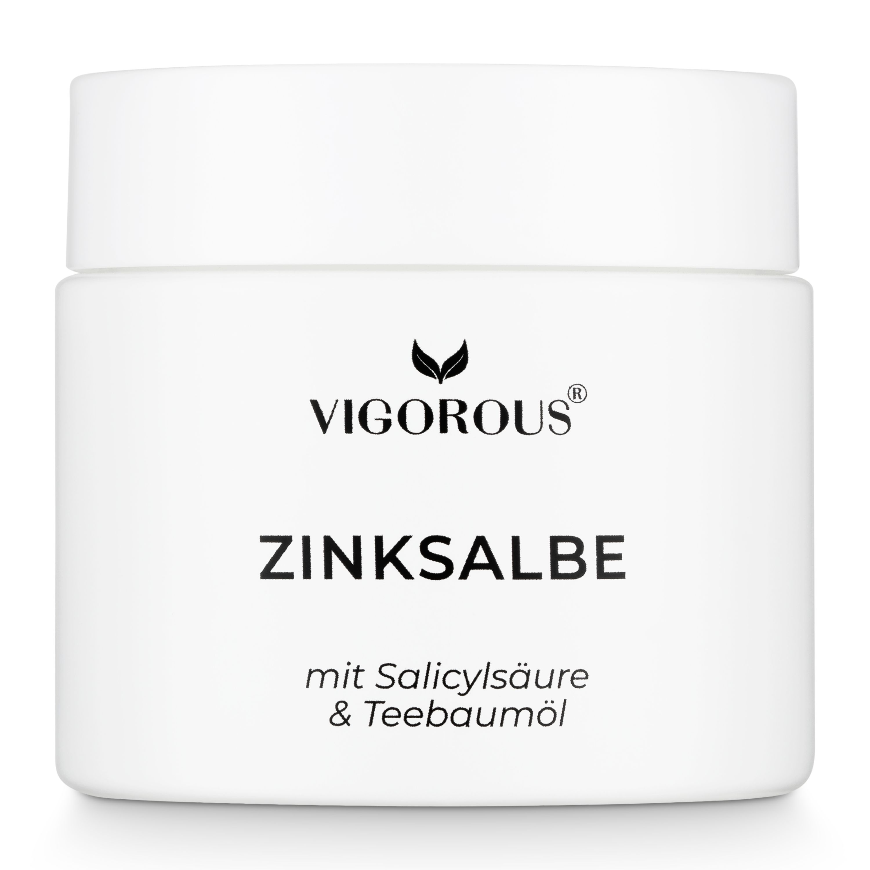 Weiße Dose VIGOROUS® Zinksalbe. Aufschrift: Zinksalbe mit Salicylsäure & Teebaumöl.
