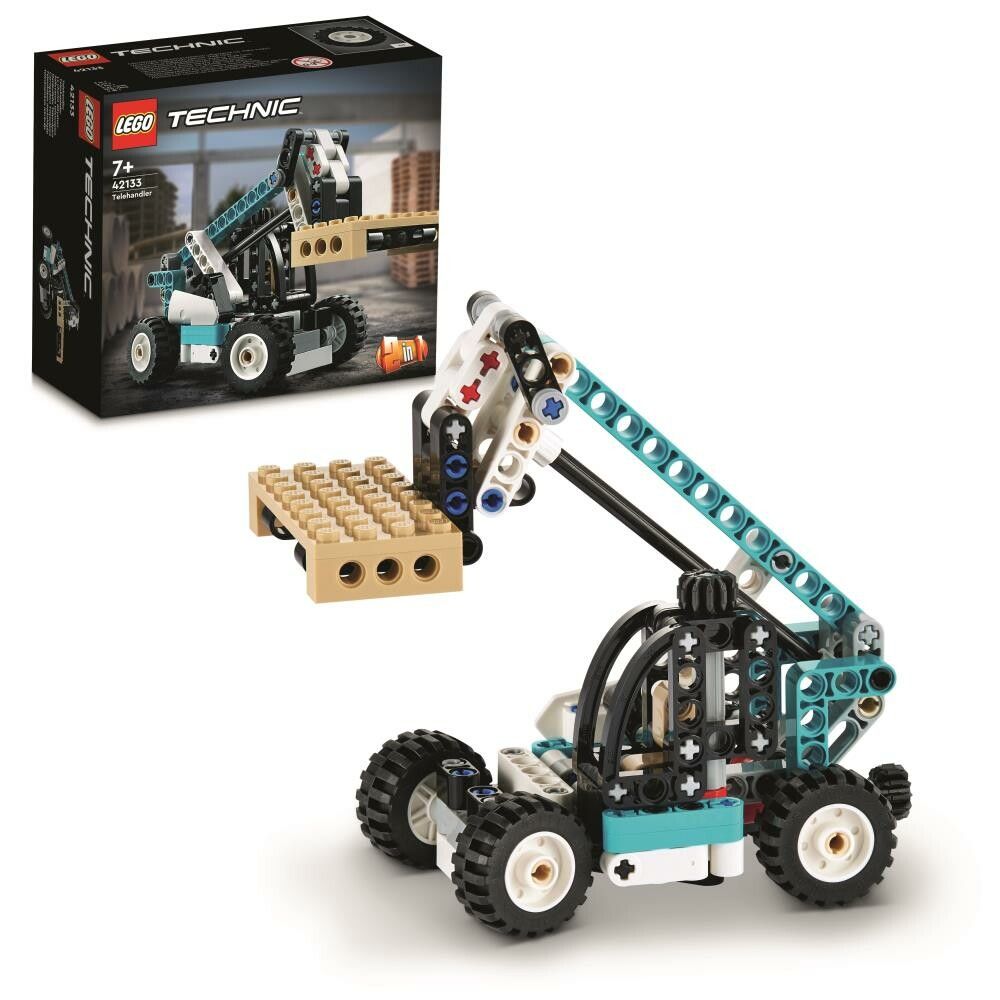 Set LEGO Technic con sollevatore telescopico. Il modello è raffigurato su una superficie bianca, con la confezione sullo sfondo. Il sollevatore telescopico ha elementi blu, neri, bianchi e beige. Il set include ruote, un braccio telescopico e una forcella.