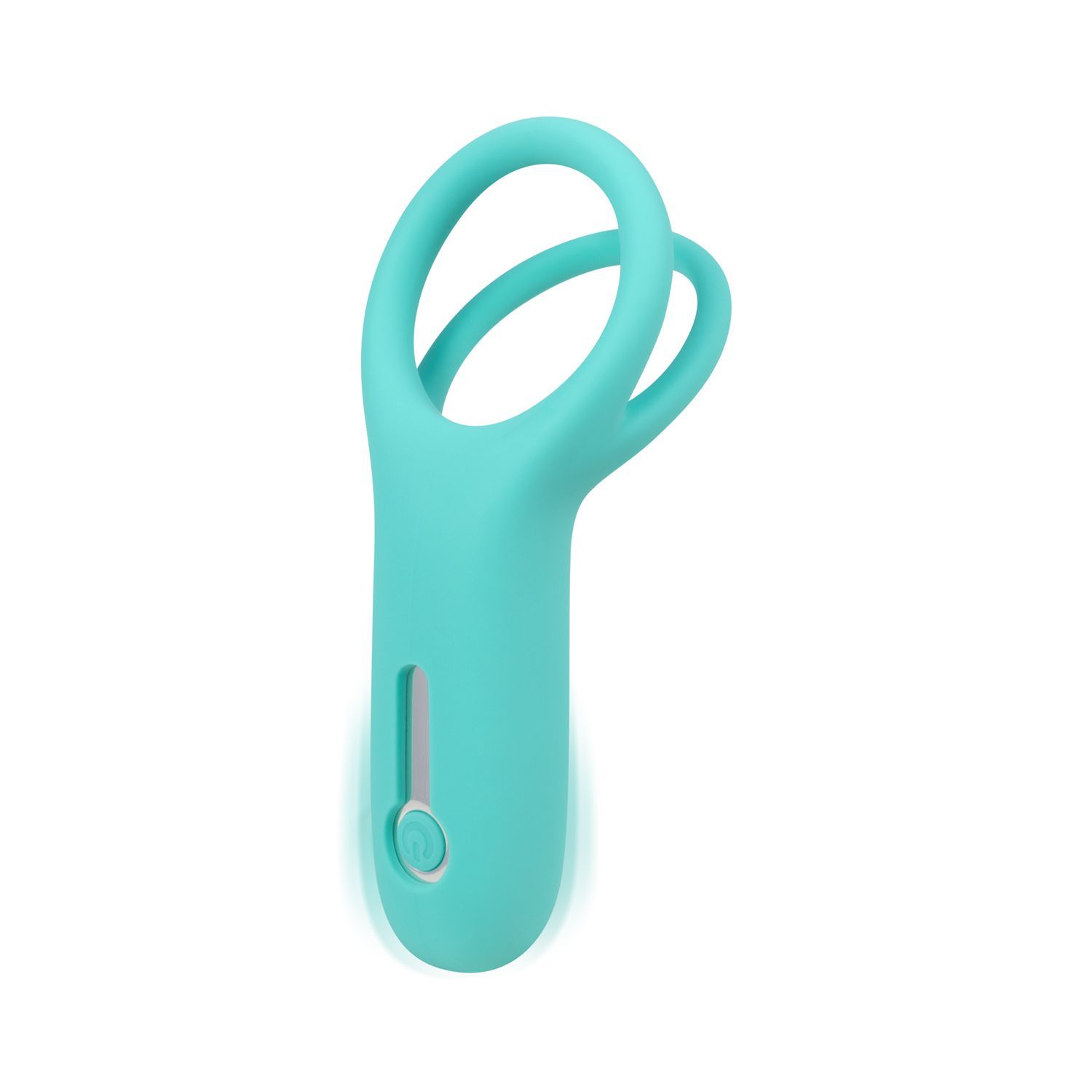 Türkisfarbener Ringvibrator mit zwei Ringen und einem Knopf. Mit einem länglichen Schlitz.