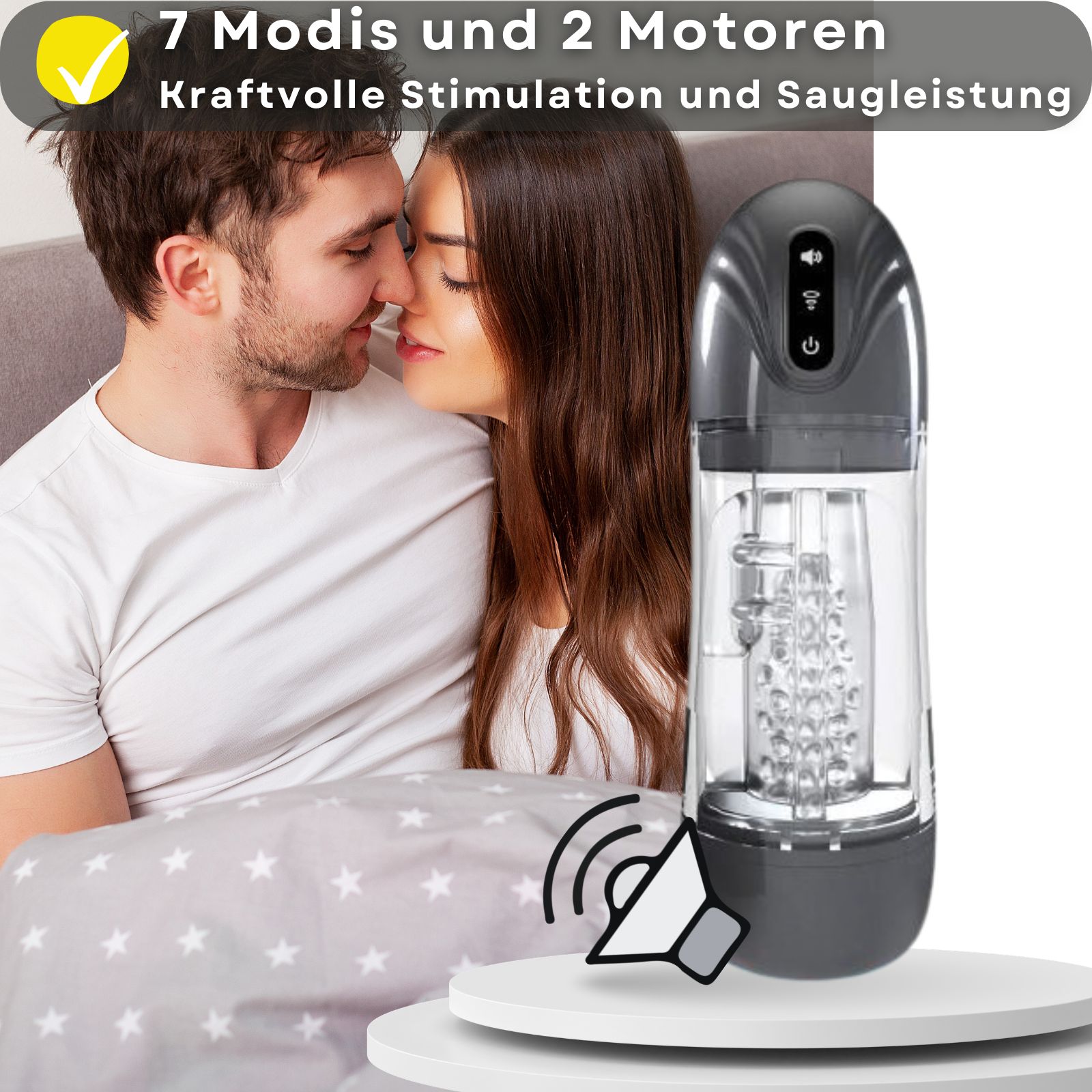 Masturbator mit Text: 7 Modi und 2 Motoren. Paar im Hintergrund.