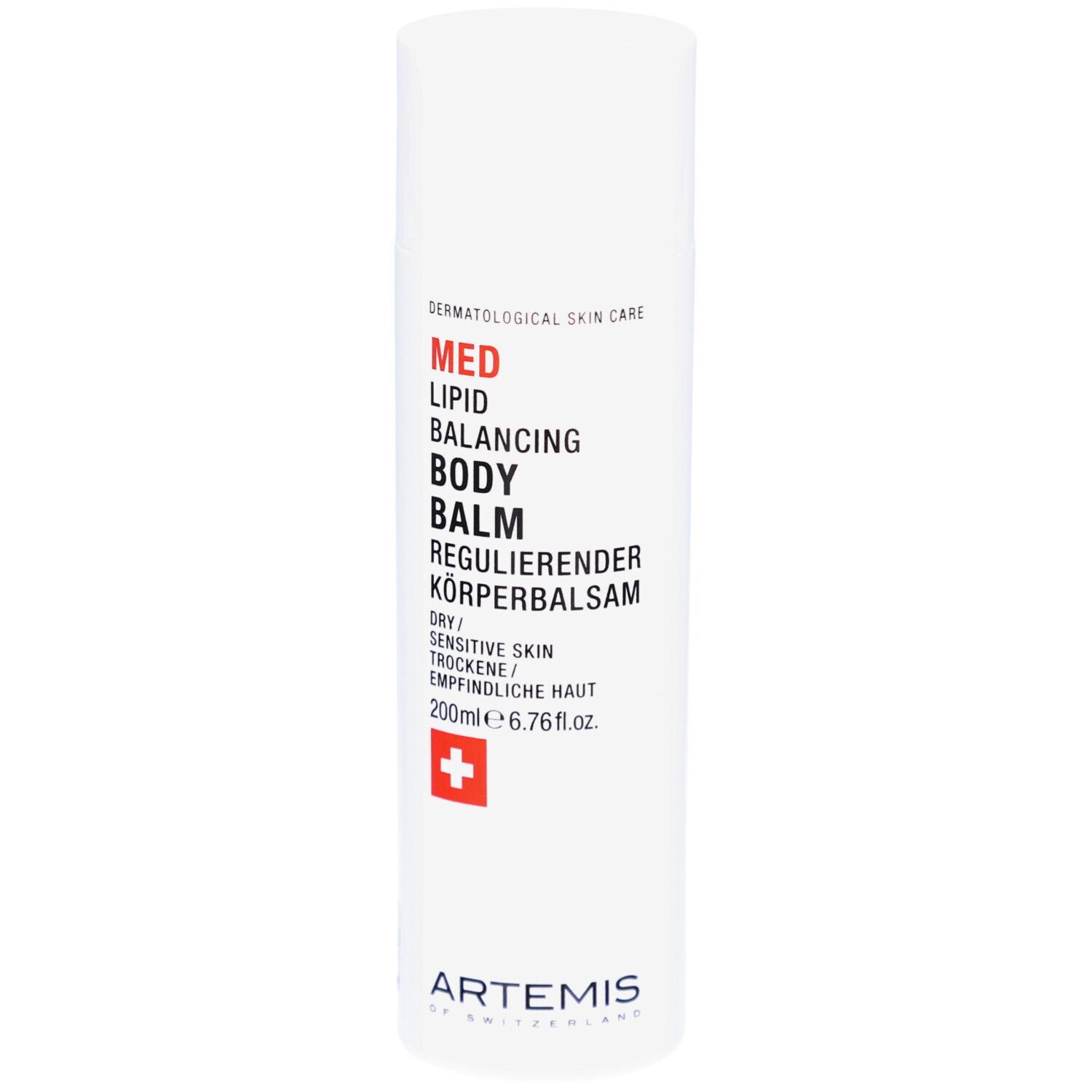 Weiße Flasche mit roter und schwarzer Schrift. Text: MED Lipid Balancing Body Balm. Schweizer Kreuz. 200ml.