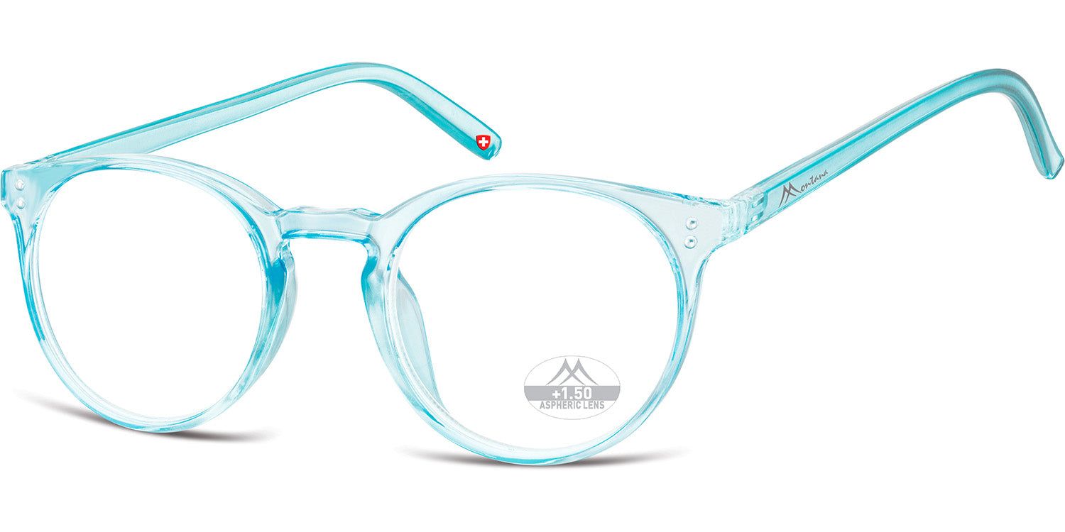 Hellblaue Brille mit runden Gläsern. Bügel mit Logo. Schweizer Kreuz am Scharnier. Montana Eyewear.