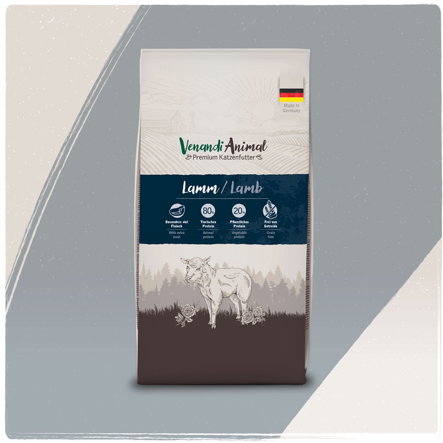 Venandi Animal Lamm Premium Katzenfutter Beutel mit Lamm-Abbildung und deutschen Flaggen-Symbol auf grauem Hintergrund.