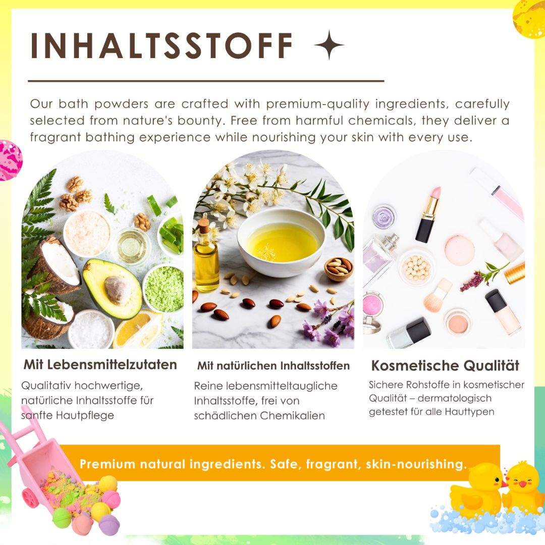 Drei Produktgruppen: Inhaltsstoffe, natürliche Inhaltsstoffe, kosmetische Qualität. Mit Lebensmittelzutaten.