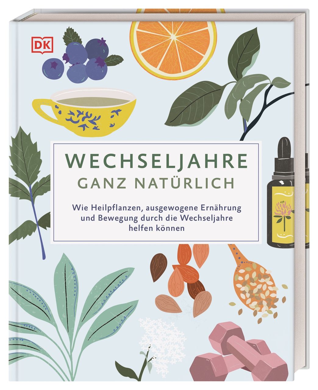 Buch mit dem Titel "Wechseljahre ganz natürlich". Illustrationen von Pflanzen, Früchten und Sportgeräten.