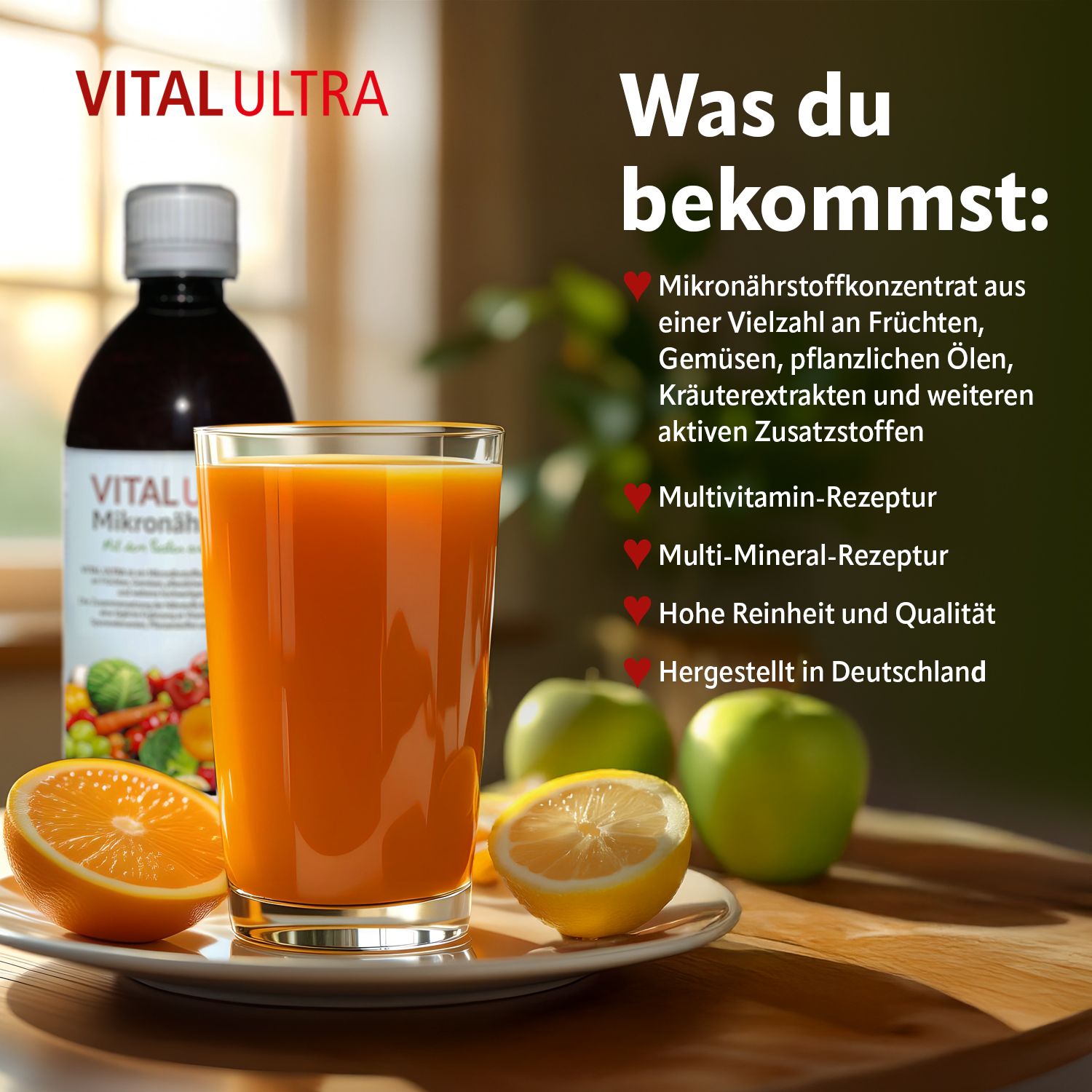 Glas Orangensaft neben Flasche VITAL ULTRA. Auf dem Tisch: Zitrone, Apfel. Text: Was du bekommst: Mikronährstoffkonzentrat.