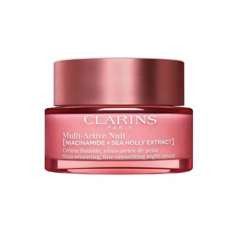 Rosa Tiegel mit Deckel. Text: Clarins Multi-Active Nuit [Niacinamid + Meerfenchel-Extrakt]. Creme für die Nacht.