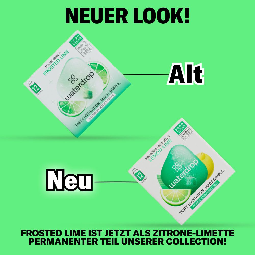 Vergleich von zwei waterdrop®-Verpackungen. Oben: Alt, Frosted Lime. Unten: Neu, Lemon-Lime. Text: Frosted Lime ist jetzt Lemon-Lime.