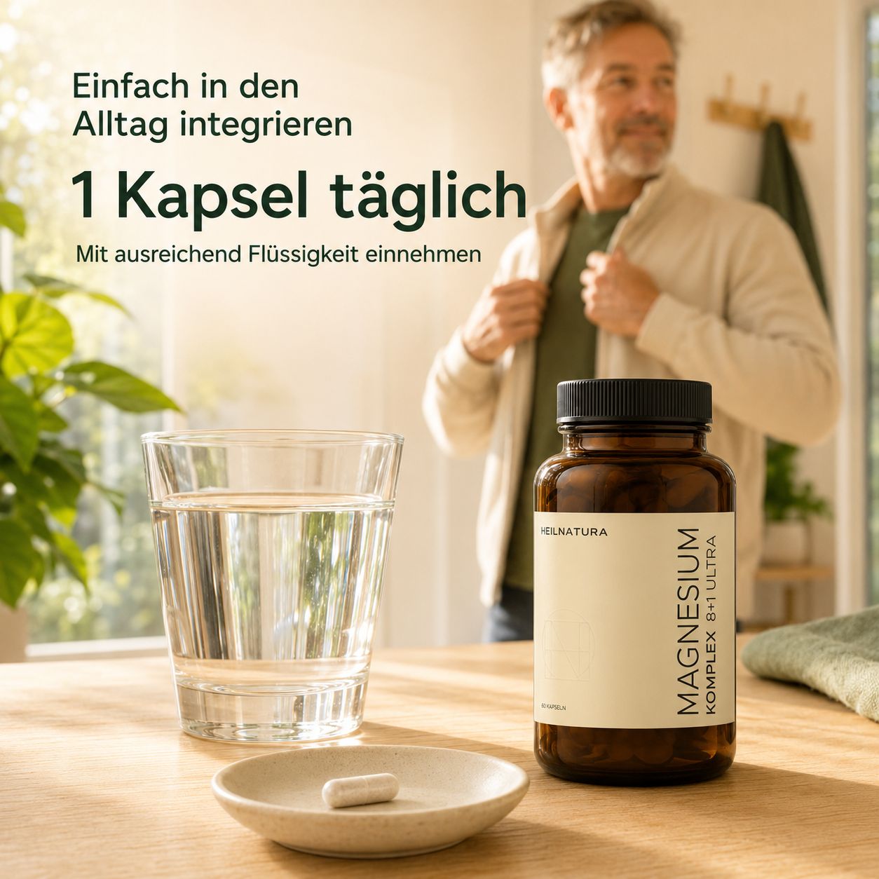 Flasche "Magnesium Komplex 8+1 Ultra", Glas Wasser, Schale mit Kapsel. Mann im Hintergrund. "1 Kapsel täglich".