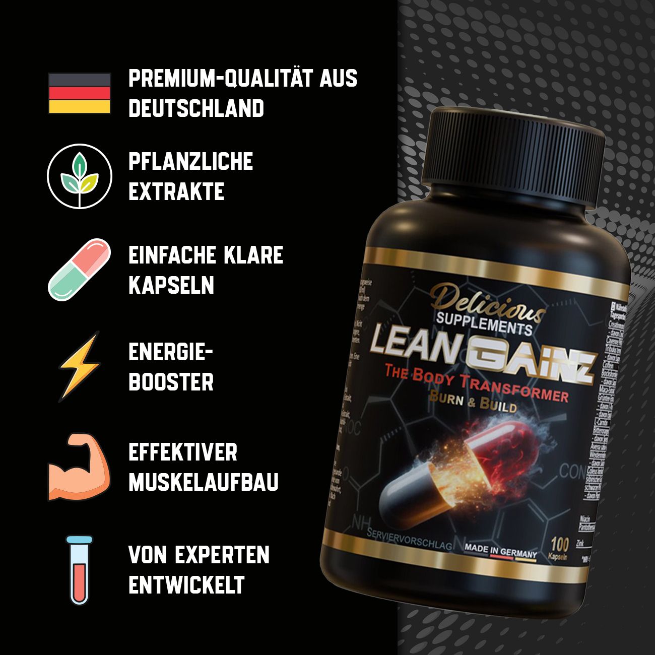 Schwarze Flasche mit Etikett. Lean Gainz, The Body Transformer, 100 Kapseln. Premium-Qualität aus Deutschland, pflanzliche Extrakte, klare Kapseln.