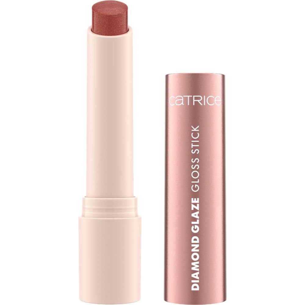 Catrice Diamond Glaze Gloss Stick. Rosa Lippenstift mit roségoldener Hülse. Produktname und Marke sichtbar.