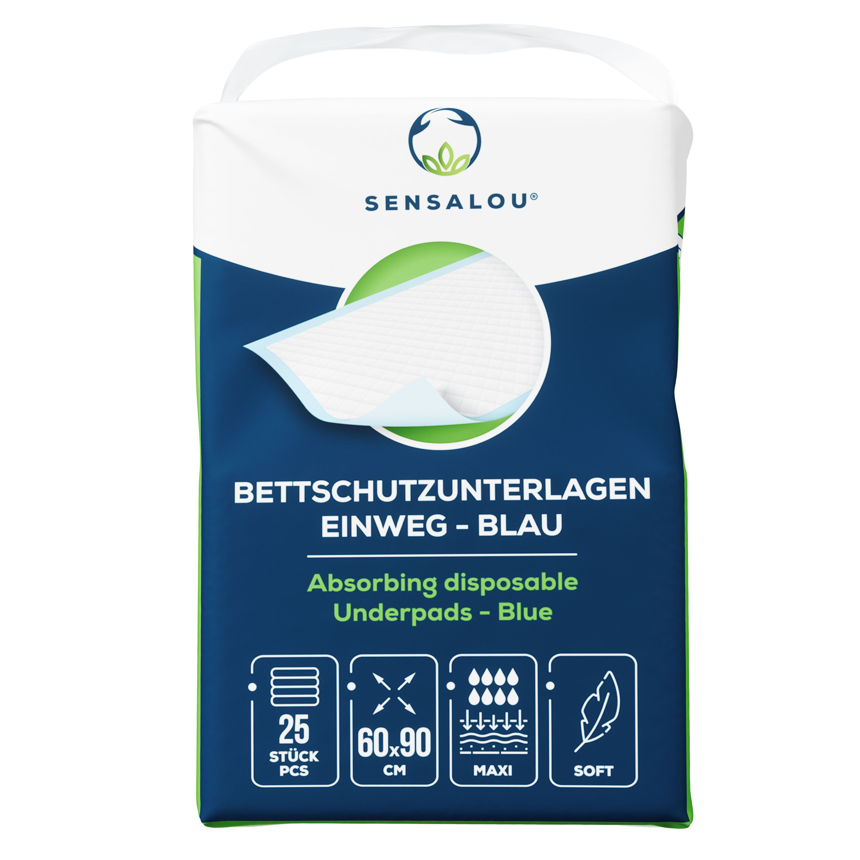 Verpackung mit Sensalou Inkontinenz Unterlagen. Blaue und grüne Verpackung. 25 Stück, 60x90 cm, Maxi, Soft.