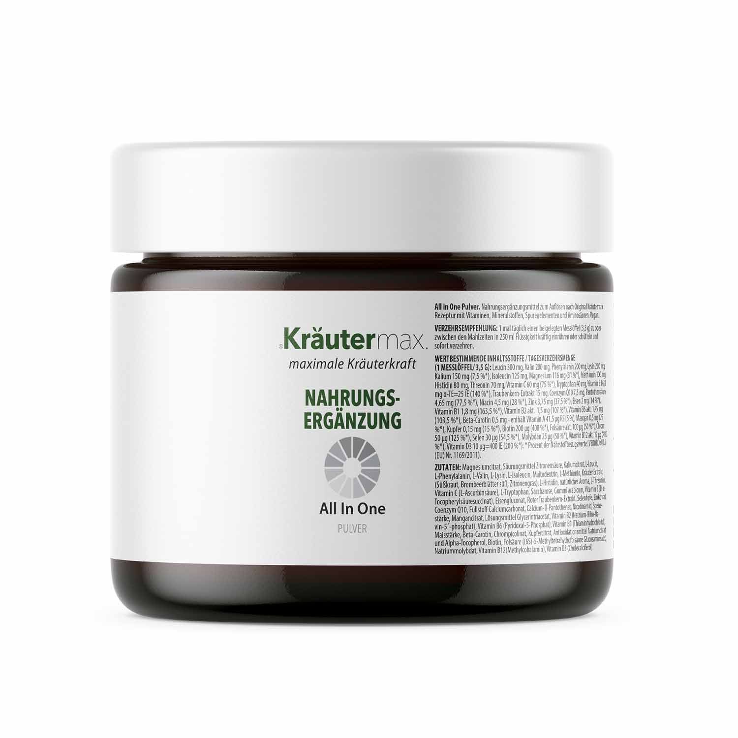 Braunes Glas mit weißem Deckel. Aufschrift "Kräutermax" und "All in One". Etikett mit Nährwertangaben.
