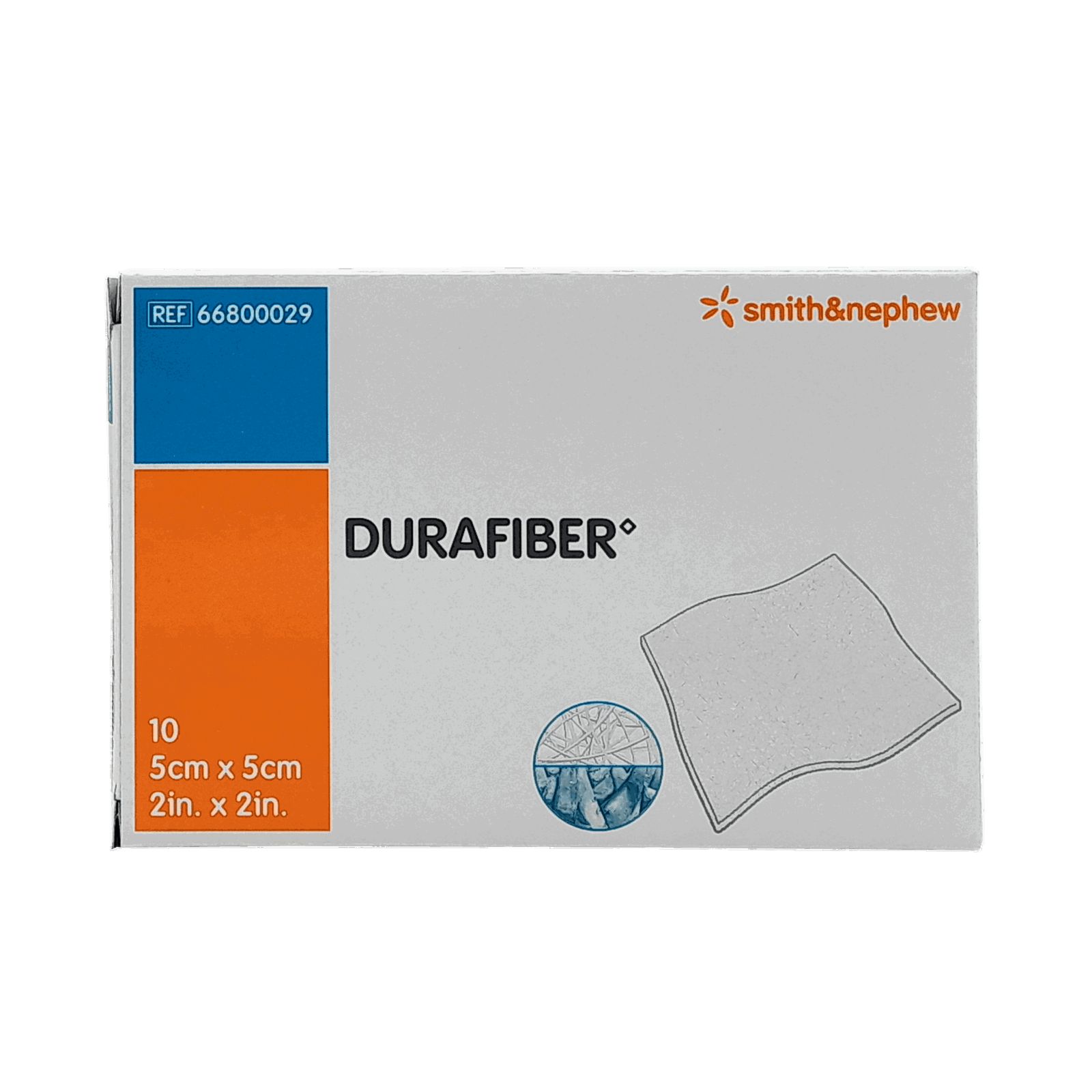 Verpackung mit DURAFIBER 5x5cm. Enthält 10 Stück. Marke Smith & Nephew. Quadratische Form, weißes Material. Mit Produktabbildung.