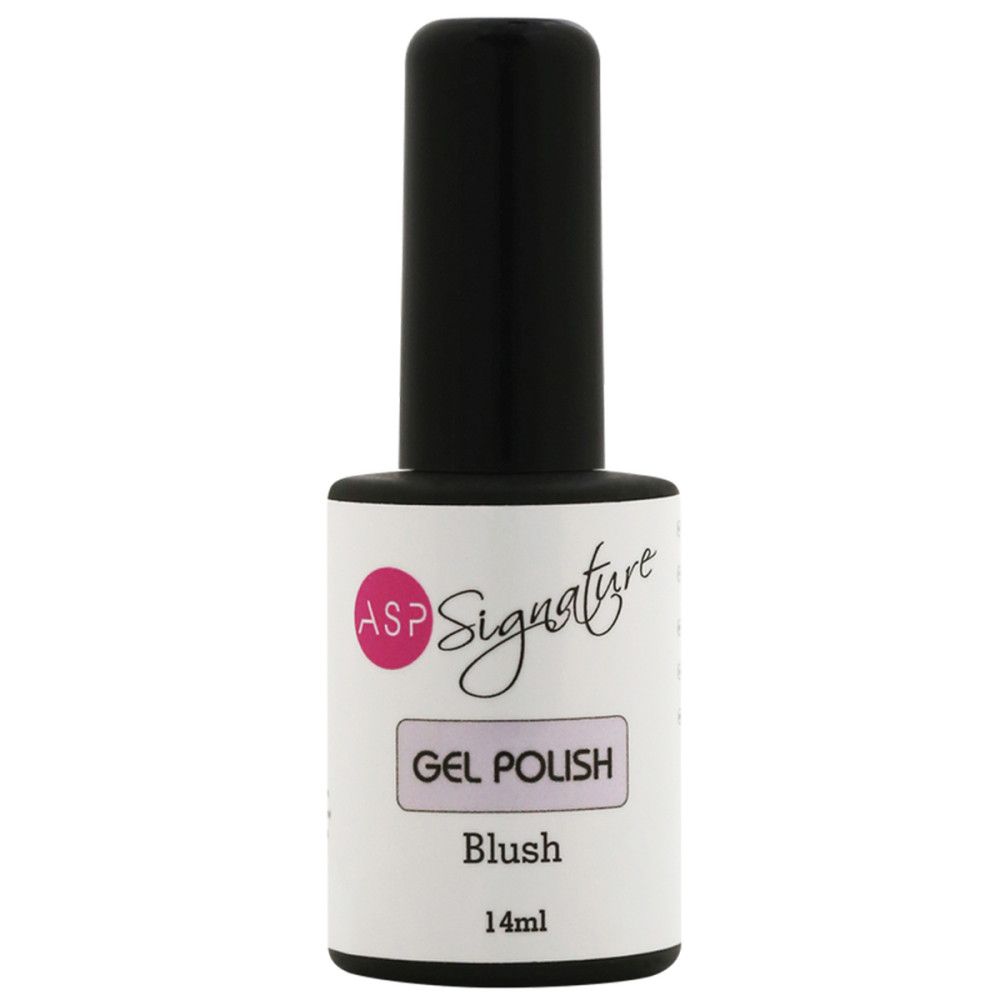 Nagellackflasche mit schwarzem Deckel. Etikett mit ASP Signature, Gel Polish und Blush-Farbe. 14ml.